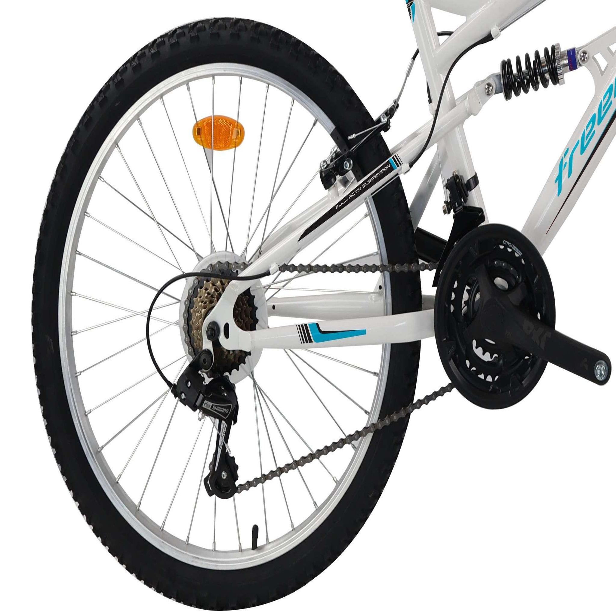 Voir la diapositive 5 : FREERIDER Vélo VTT 24'' avec cadre suspendu et fourche télescopique - 18 Vitesses Indexées via poignées tournantes indexées Grip Shift- Dérailleur arrière Shimano TY21 - Freins V-Brake en composite noire - Jantes en Aluminium avec attache rapide avant Sonnette.