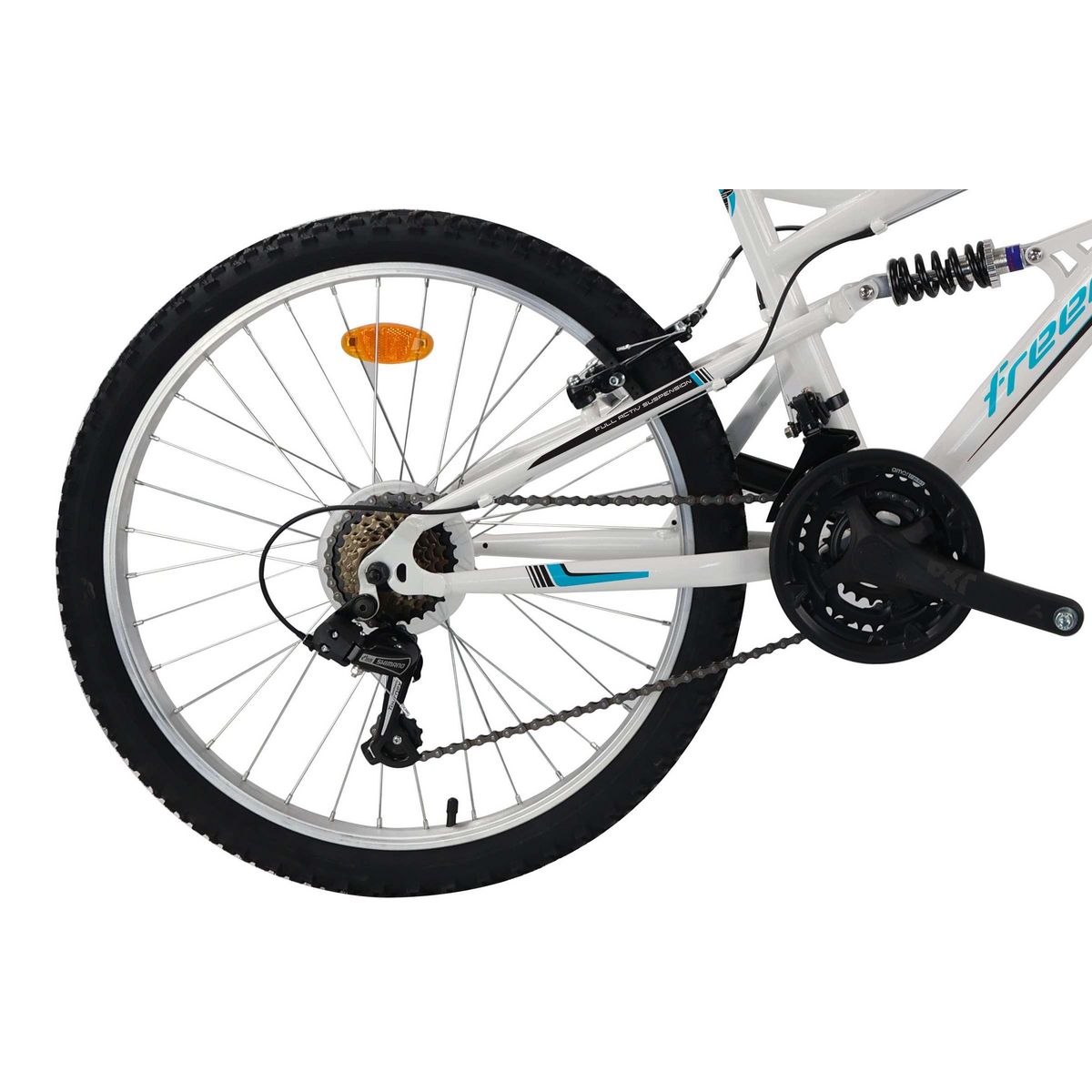 FREERIDER Vélo VTT 24'' avec cadre suspendu et fourche télescopique - 18 Vitesses Indexées via poignées tournantes indexées Grip Shift- Dérailleur arrière Shimano TY21 - Freins V-Brake en composite noire - Jantes en Aluminium avec attache rapide avant Sonnette.