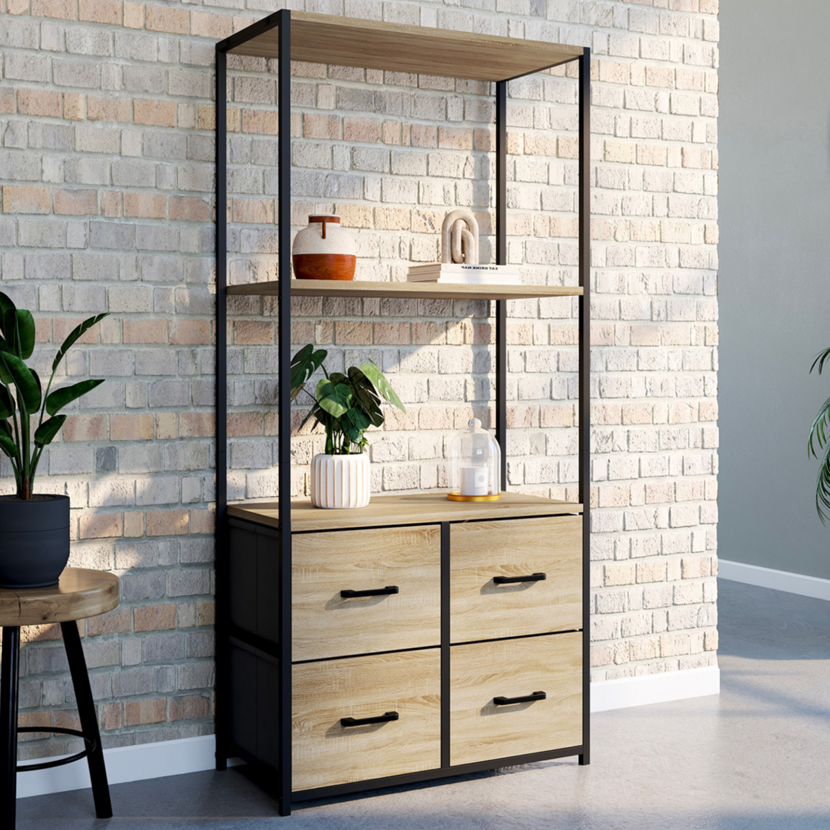 ID MARKET Etagère 3 niveaux avec 4 tiroirs en tissu UTAH 120 cm meuble de rangement design industriel