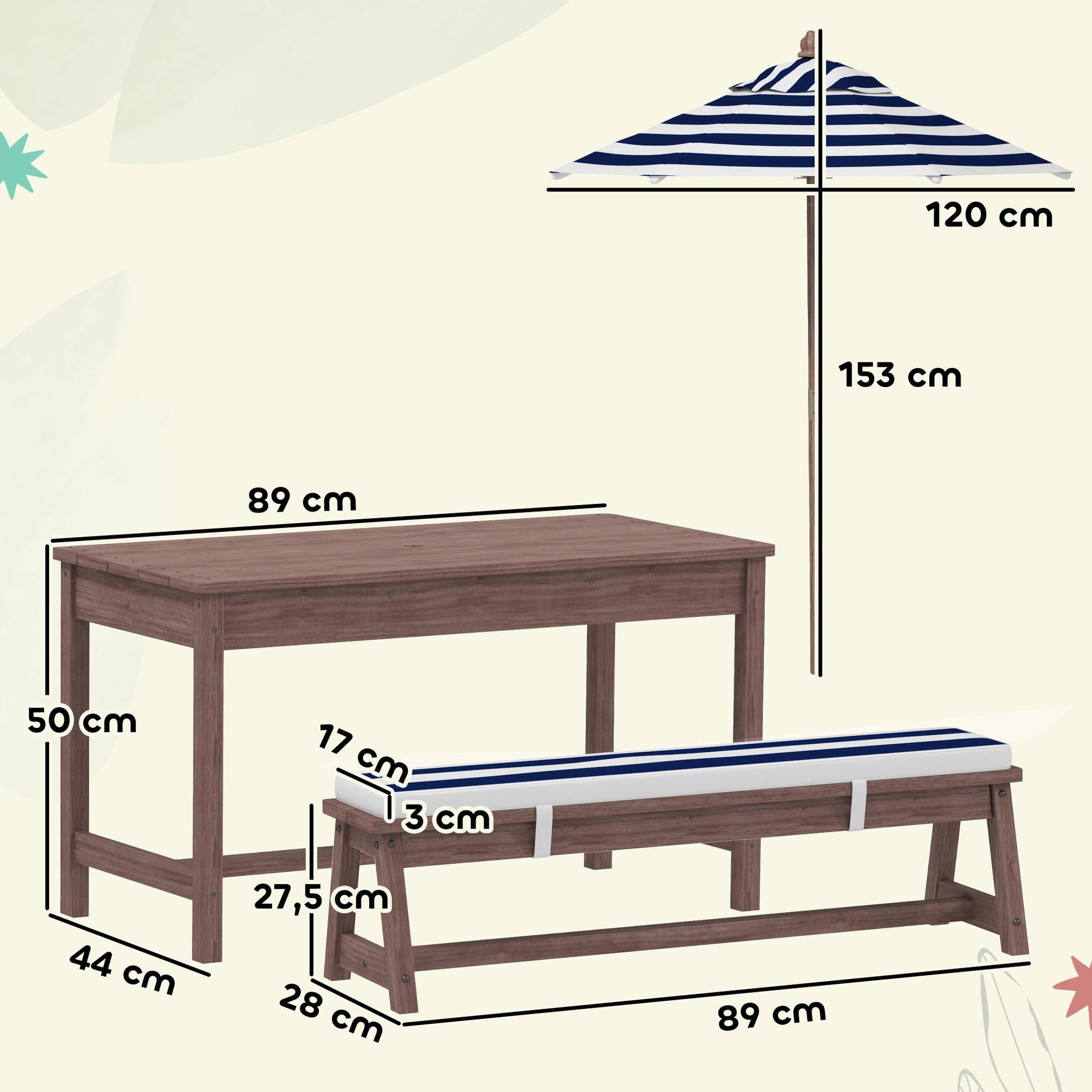 Voir la diapositive 3 : HOMCOM Table pique-nique enfant - ensemble salon de jardin enfant - 2 bancs, coussins et parasol - bois brun