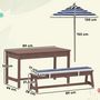 Voir la diapositive 3 : HOMCOM Table pique-nique enfant - ensemble salon de jardin enfant - 2 bancs, coussins et parasol - bois brun