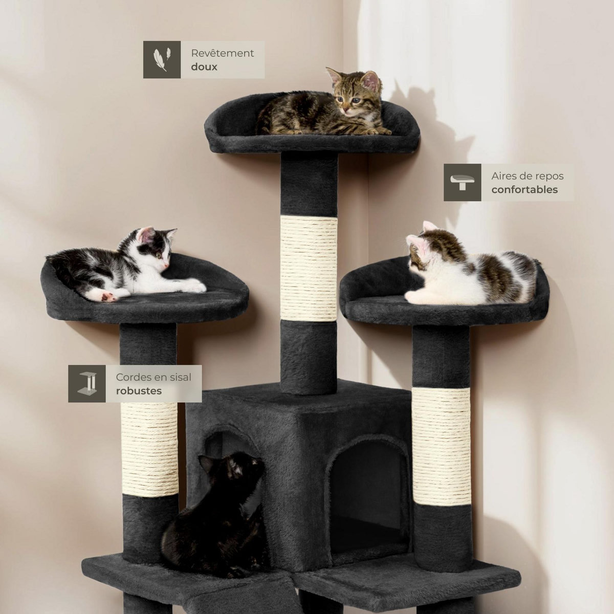 tectake Arbre à chat 170 cm avec griffoir et plateforme d'escalade noir