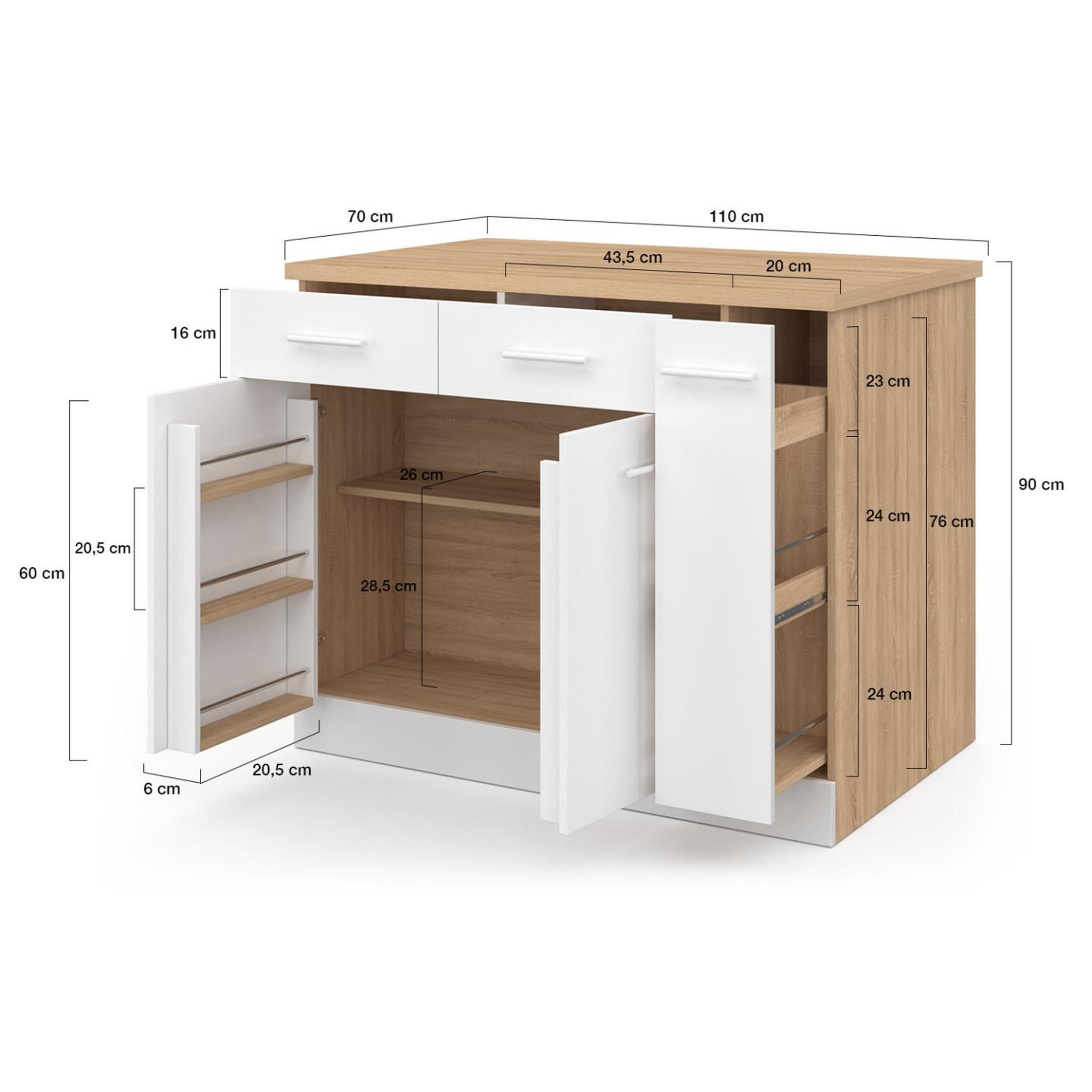 Voir la diapositive 6 : ID MARKET Ilot central alto portes avec rangements, tiroirs, rangement coulissant et plan de travail façon hêtre et blanc