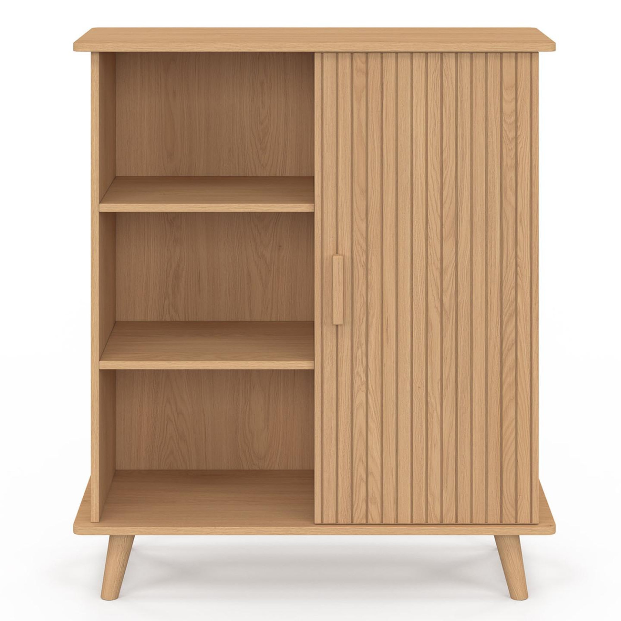 Voir la diapositive 4 : ID MARKET Buffet d'appoint 3 étagères et placard 70 cm juliette effet lattes tasseau bois