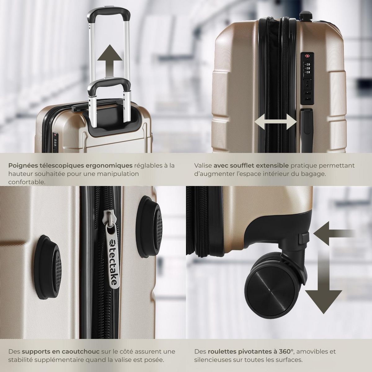 tectake Set de valises de voyage 3 pièces en plastique ABS robuste avec revêtement en polycarbonate champagne