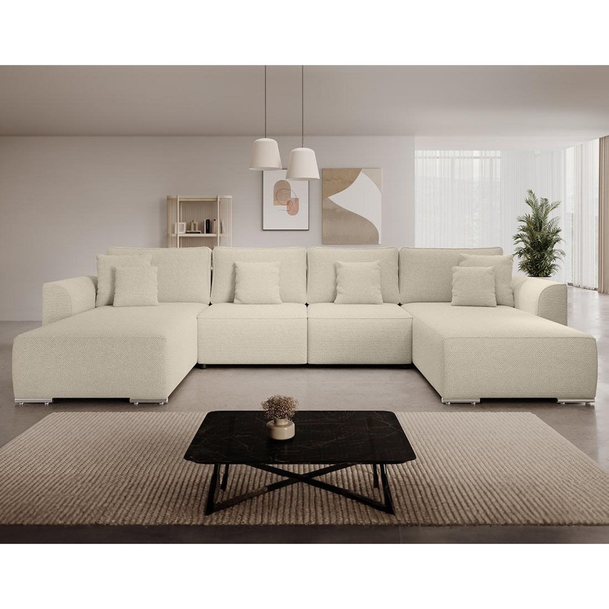 BEST MOBILIER Gabriel - canapé panoramique en u 7 places convertible avec coffre en tissu texturé