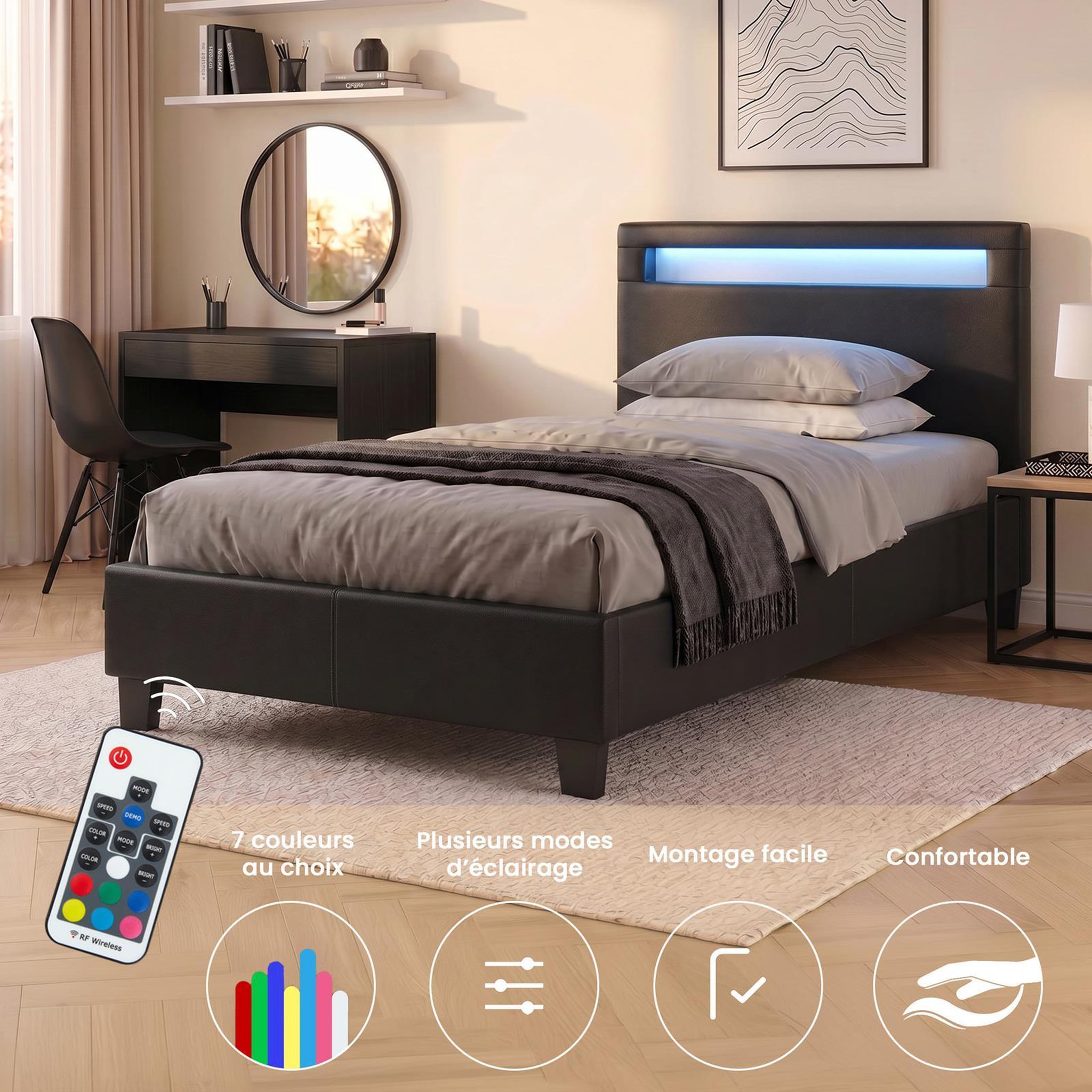 Voir la diapositive 3 : IDIMEX Lit LED simple LUCENO 90x190 cm, avec sommier, revêtement synthétique