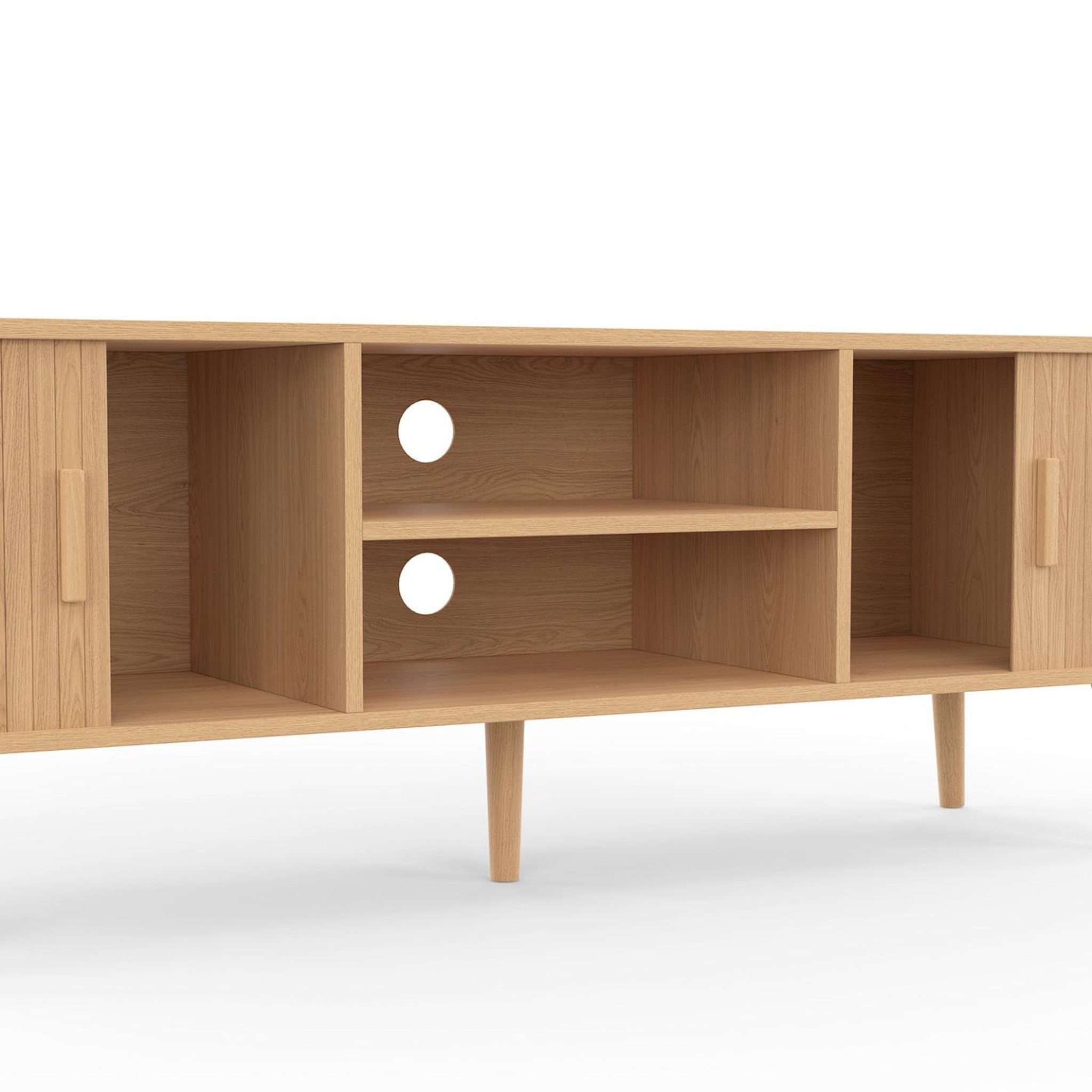 Voir la diapositive 6 : ID MARKET Meuble tv 140 cm romie 2 portes coulissantes lattes tasseau bois coloris chêne