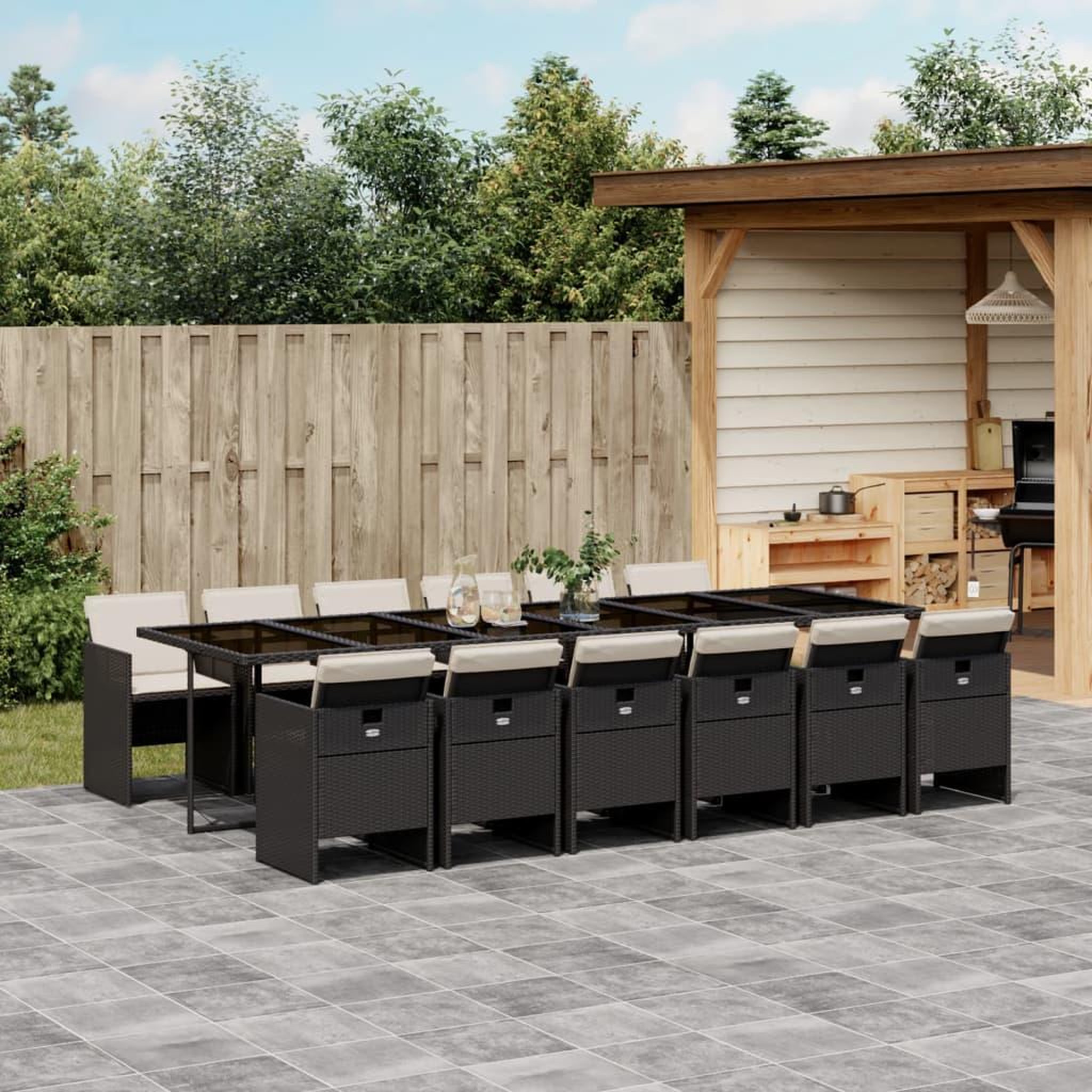 VIDAXL Ensemble a manger de jardin 13 pcs coussins noir resine tressee