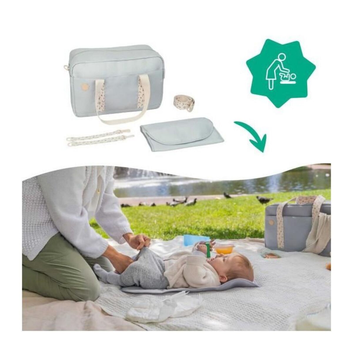 BADABULLE Badabulle Sac a langer Bowling - Grande Contenance 20L - Plan a langer et Attaches-poussette inclus, Gris