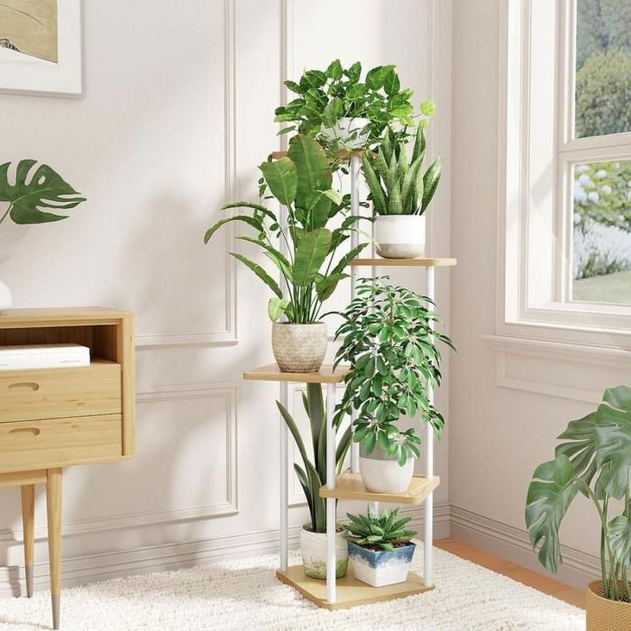 Voir la diapositive 3 : Présentoir à plantes 5 niveaux blanc en métal et bois, étagère d'intérieur pour jusqu'à 5 pots