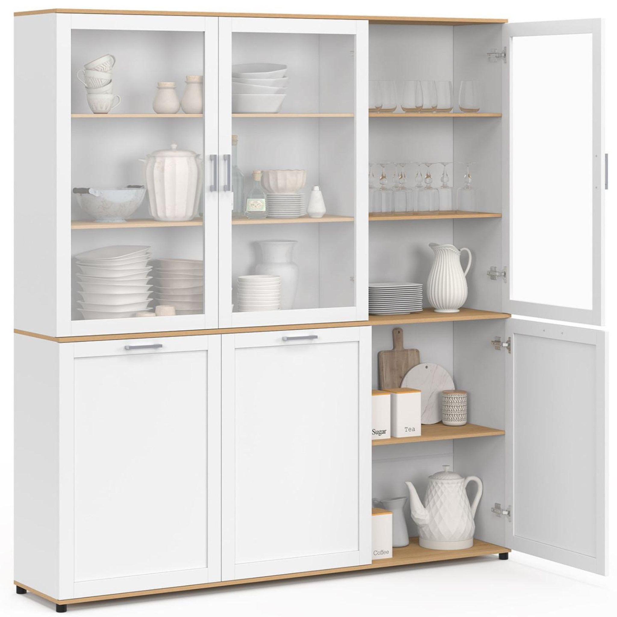 Voir la diapositive 4 : ID MARKET Buffet vaisselier 160 cm vito meuble de cuisine 6 portes blanc et bois