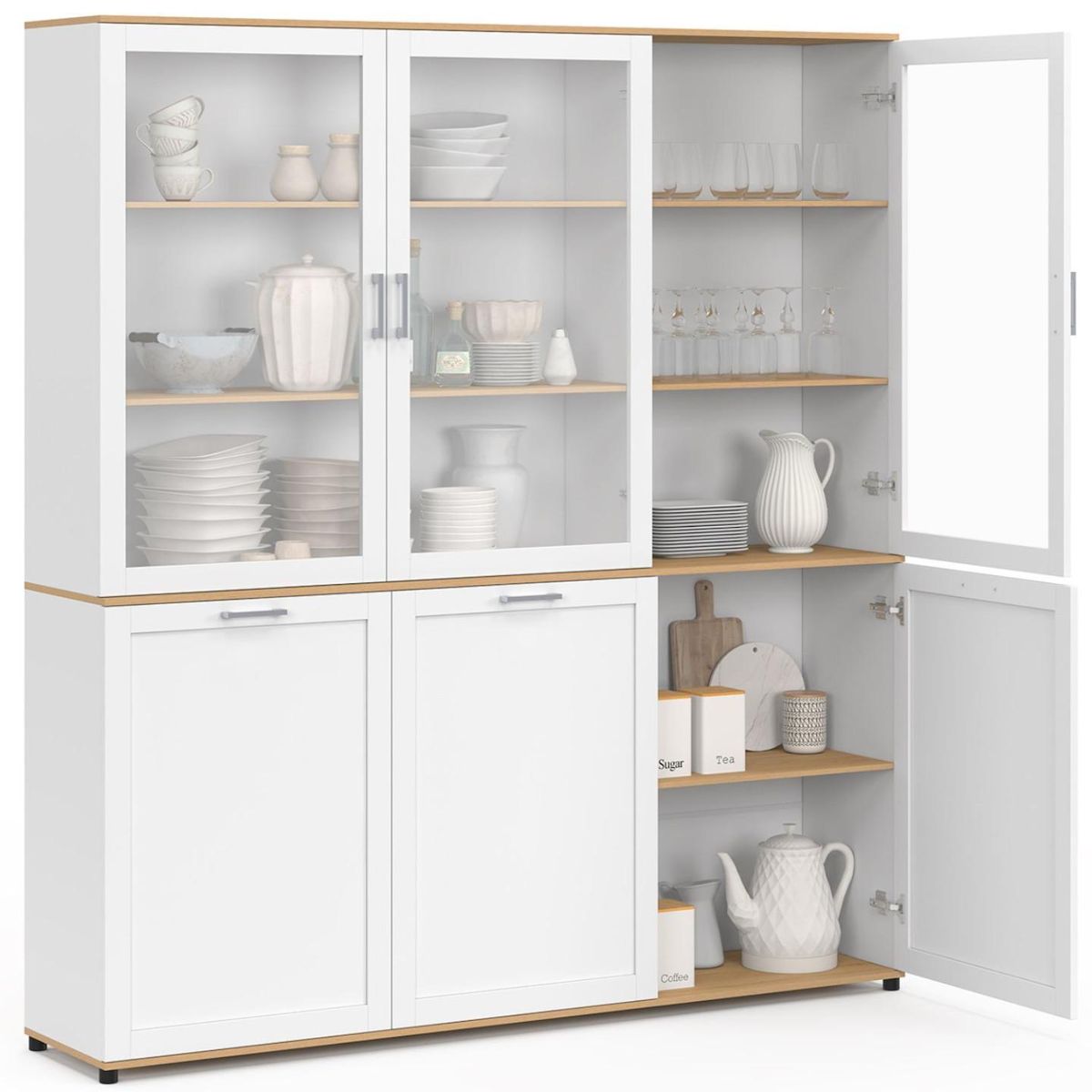 ID MARKET Buffet vaisselier 160 cm VITO meuble de cuisine 6 portes blanc et bois