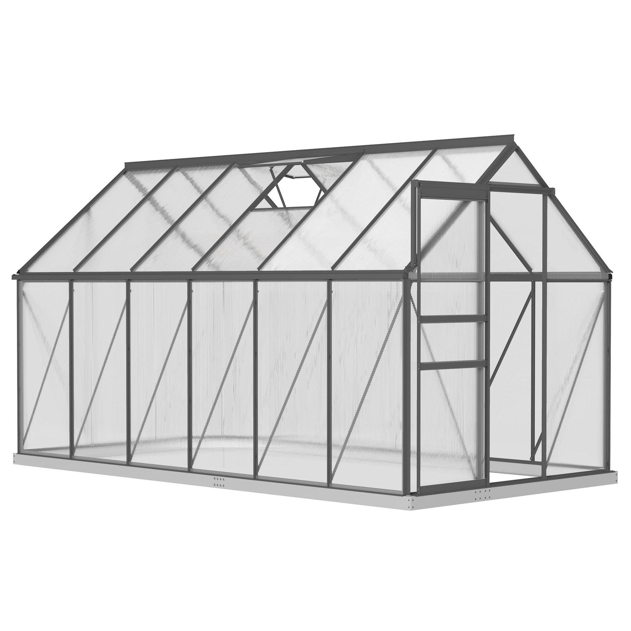Voir la diapositive 5 : OUTSUNNY Serre de jardin polycarbonate alu 7 m² dim. 3,75l x 1,9l x 1,99h m lucarne réglable fondation porte coulissante gris