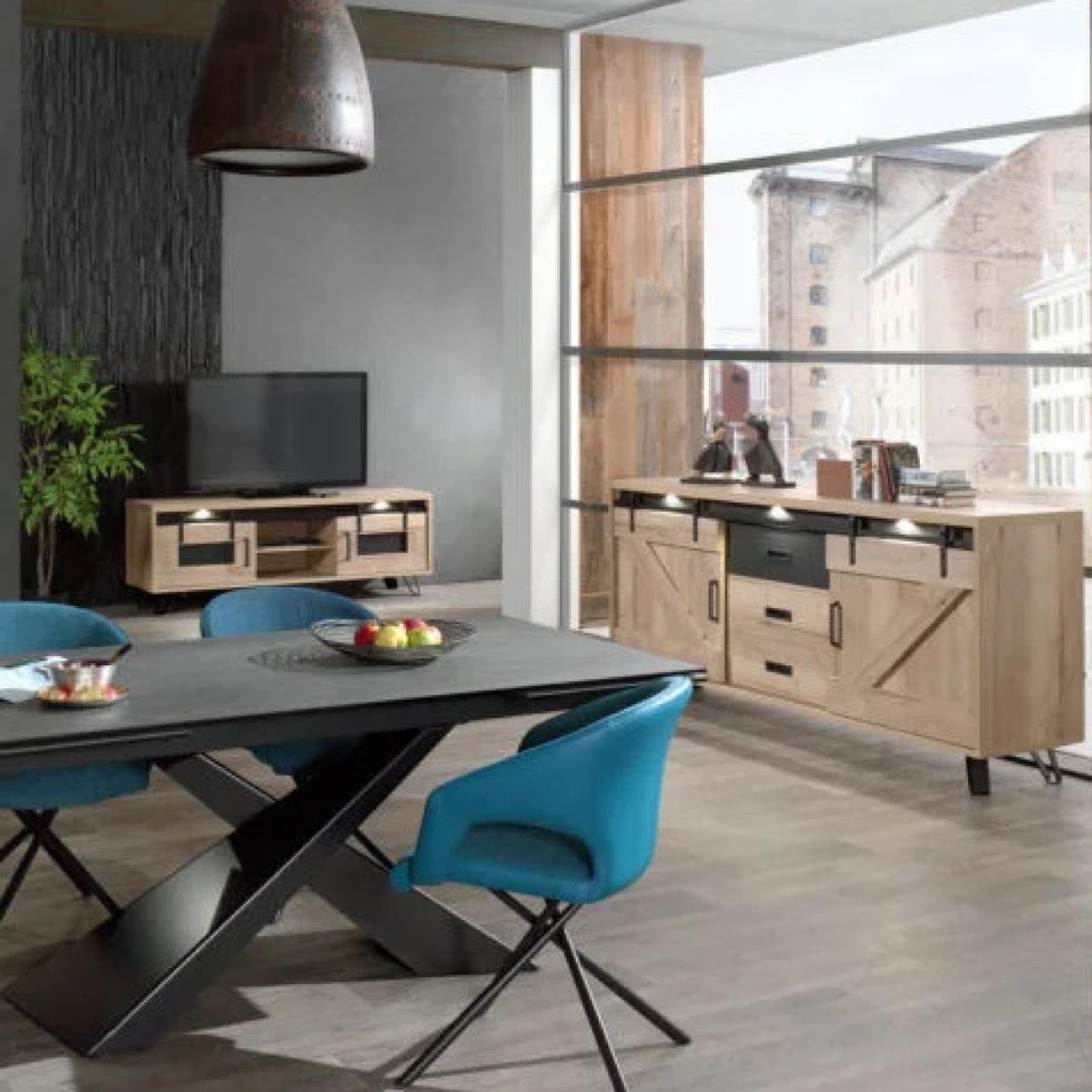 Voir la diapositive 3 : JLC KREATION Meuble tv industriel décor chêne + led 2 portes 180cm costa