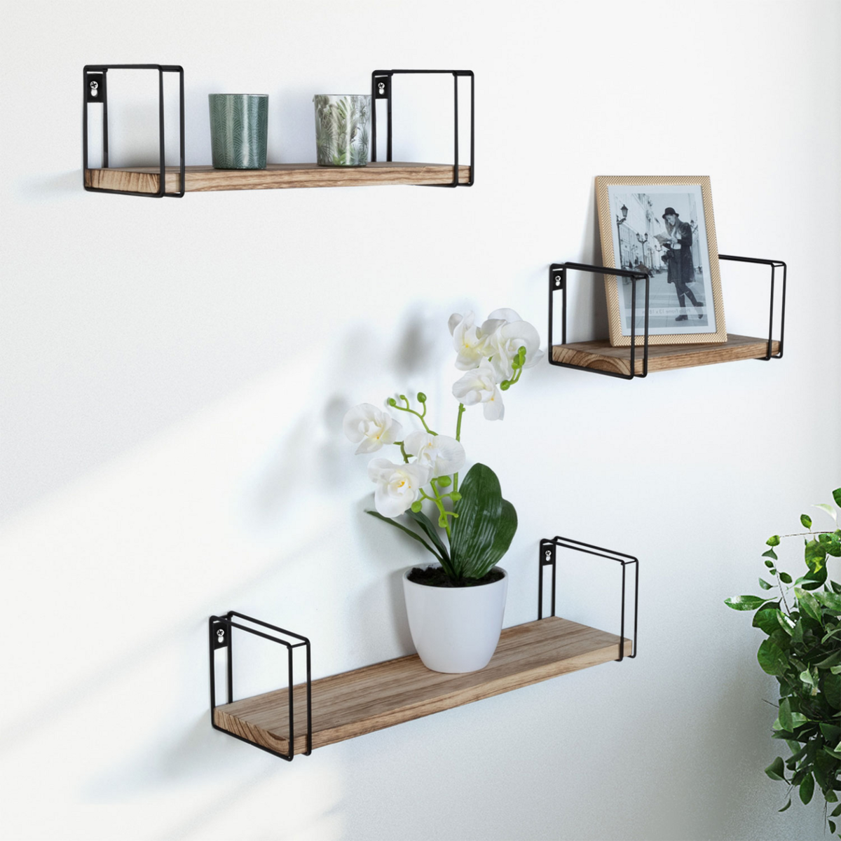 ID MARKET Lot de 3 étagères murales LILY bois et métal design industriel