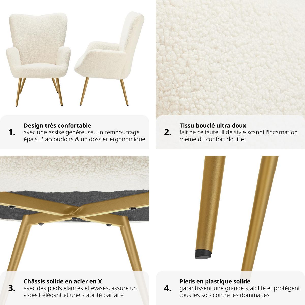 tectake Fauteuil rembourré Bouclé crème/or