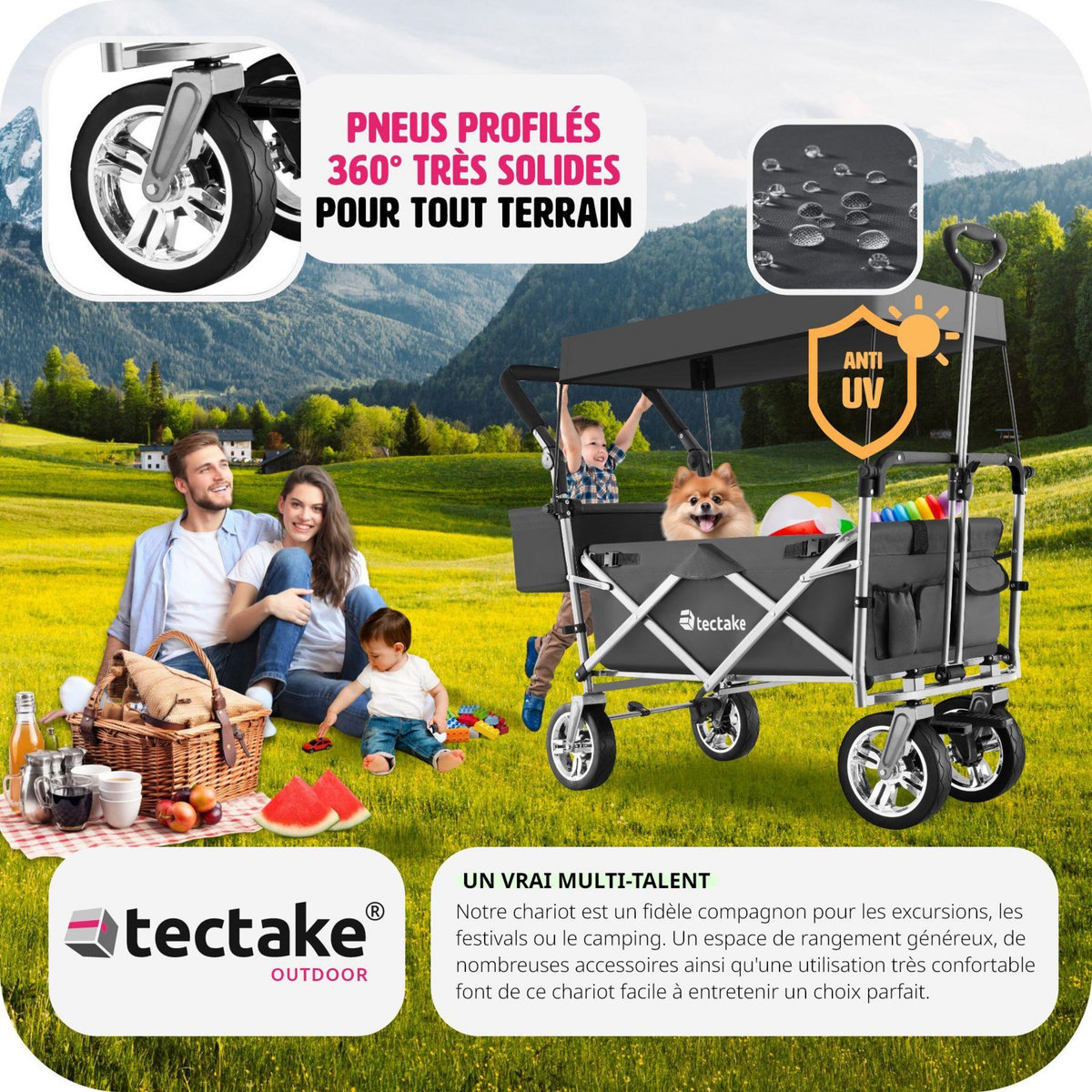 tectake Chariot de jardin et de transport pliable avec toit gris
