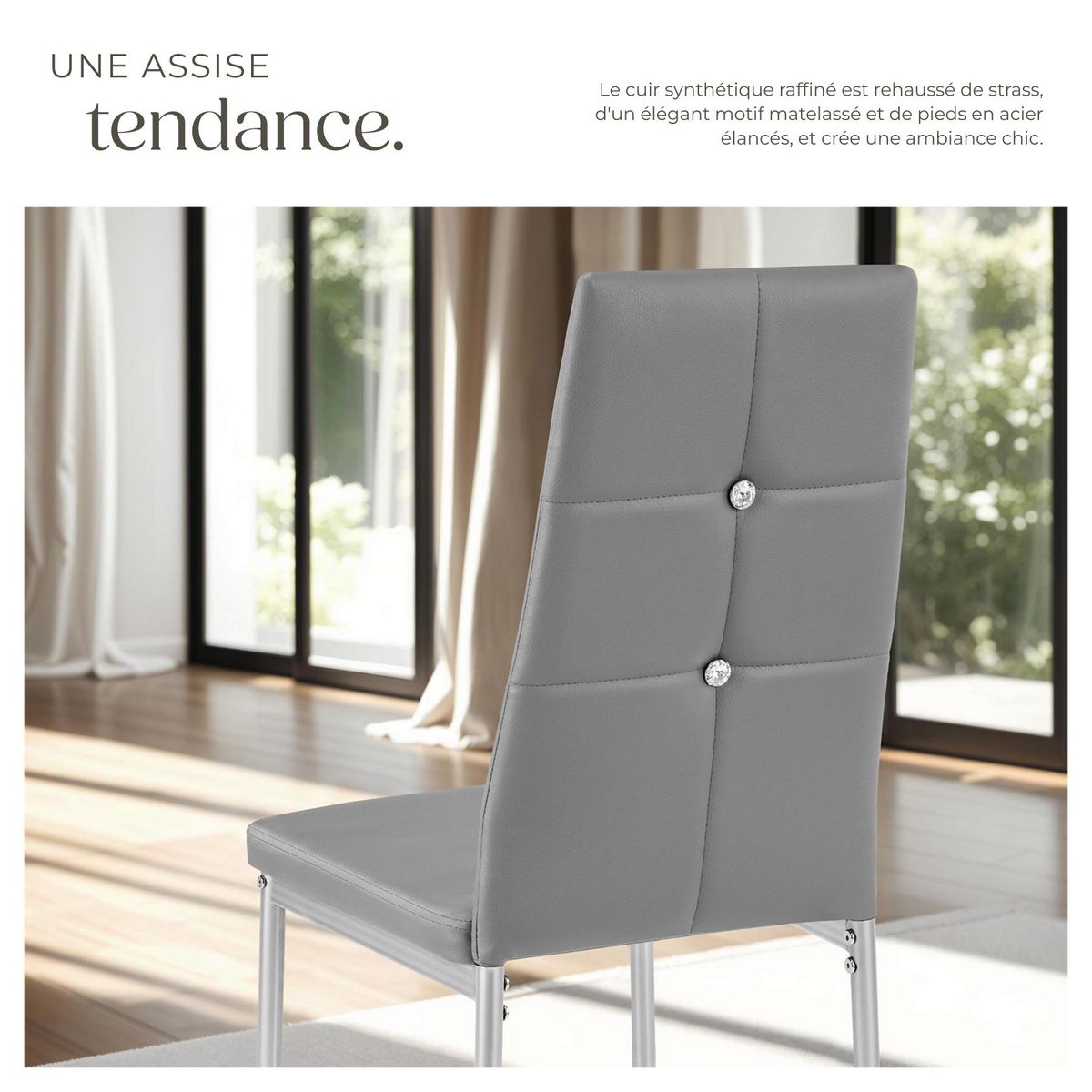 tectake Ensemble de chaises de salle à manger rembourré avec revêtement aspect cuir gris Lot de 8