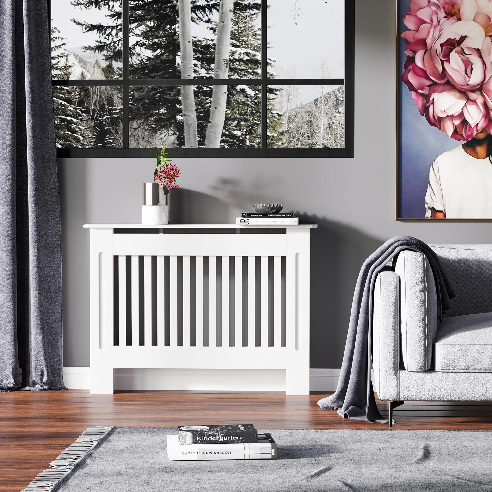 Voir la diapositive 2 : HOMCOM Cache-radiateur design panneau cabinet 112L x 19l x 81H cm MDF blanc