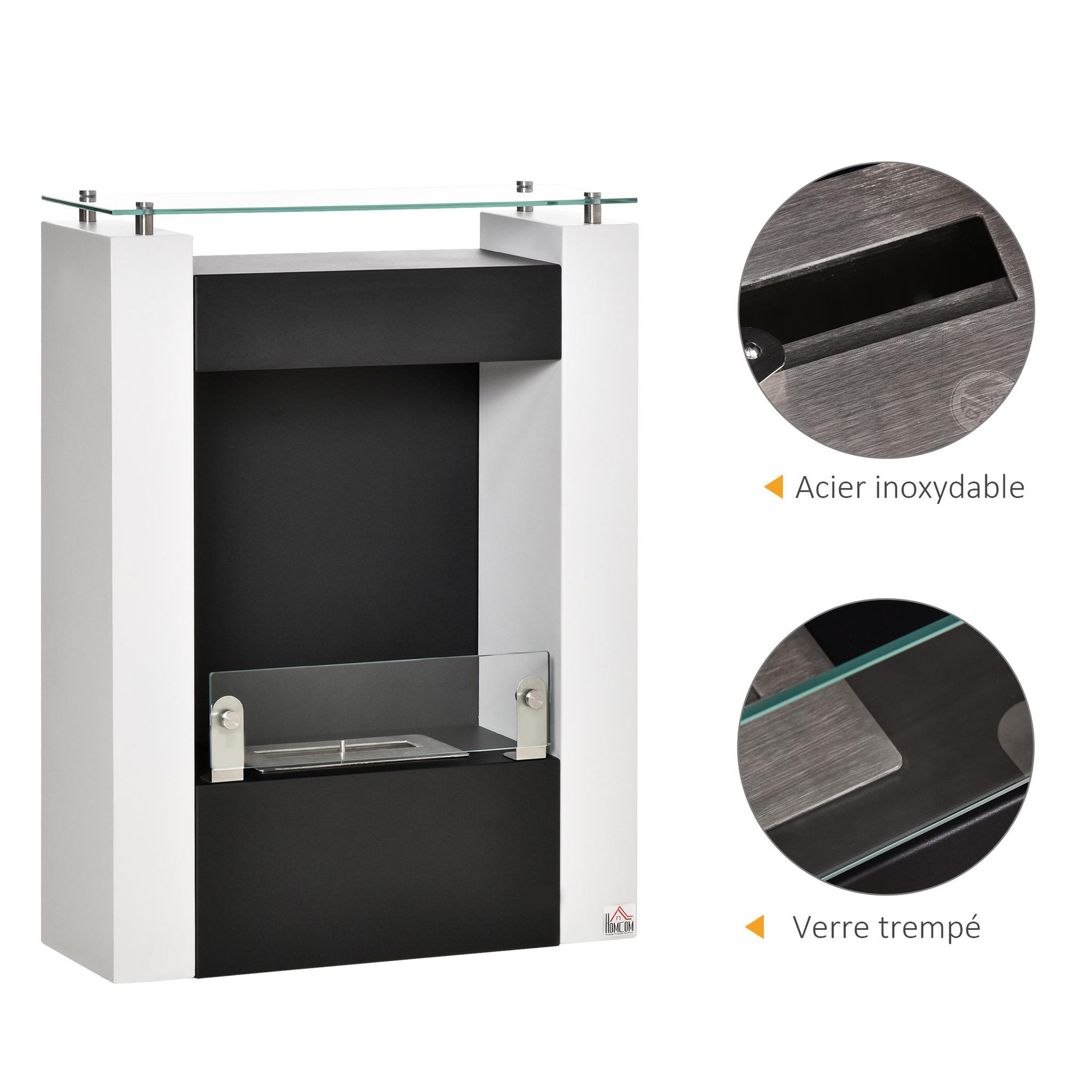 Voir la diapositive 6 : HOMCOM Cheminée bioéthanol design contemporain - étagère, pare-feu verre trempé 6 mm - brûleur 0,9 l - contrôle de flamme et manche inclus - acier noir blanc