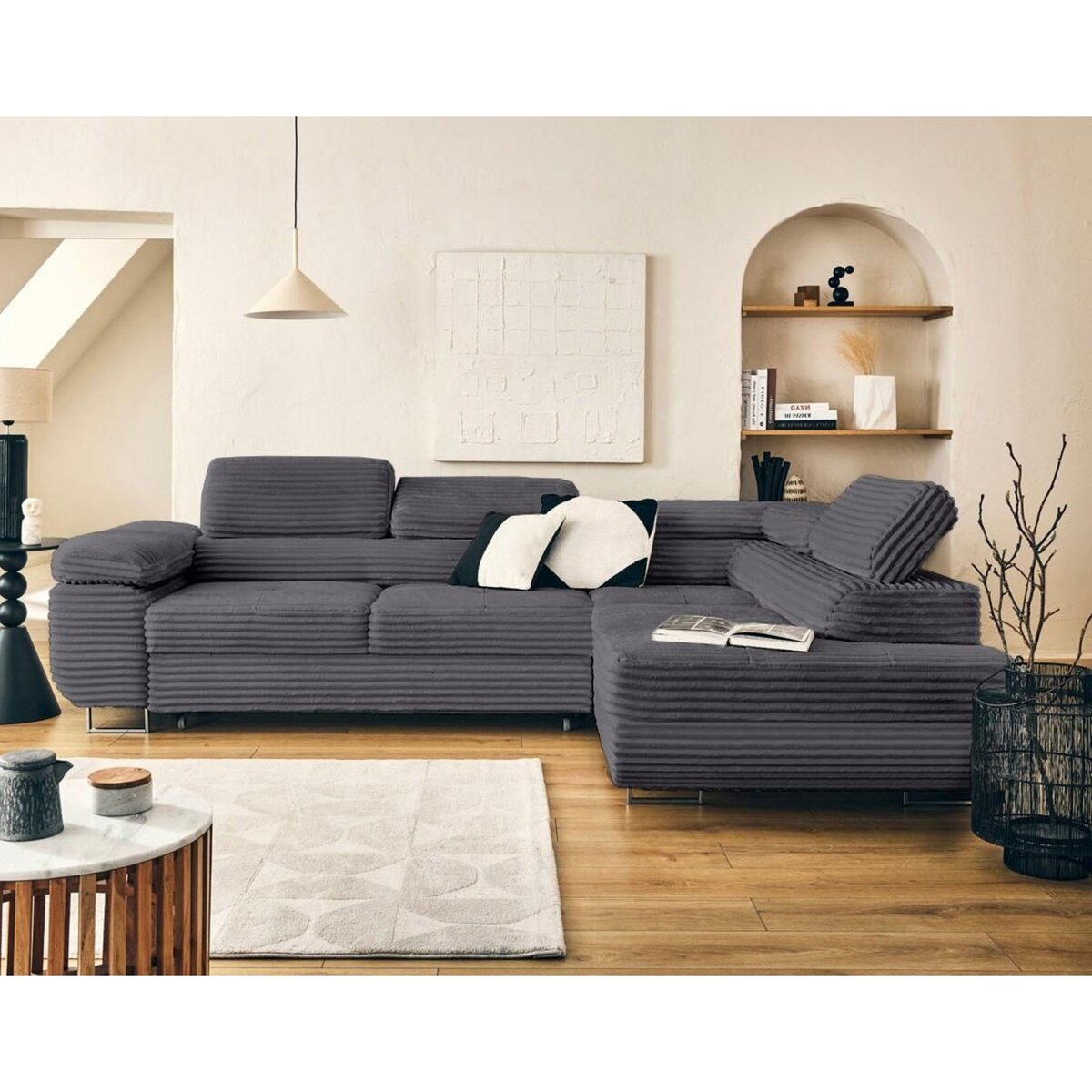 LISA DESIGN Zaria - canapé d'angle droit 5 places convertible avec coffre et têtières en velours côtelé grosses côtes