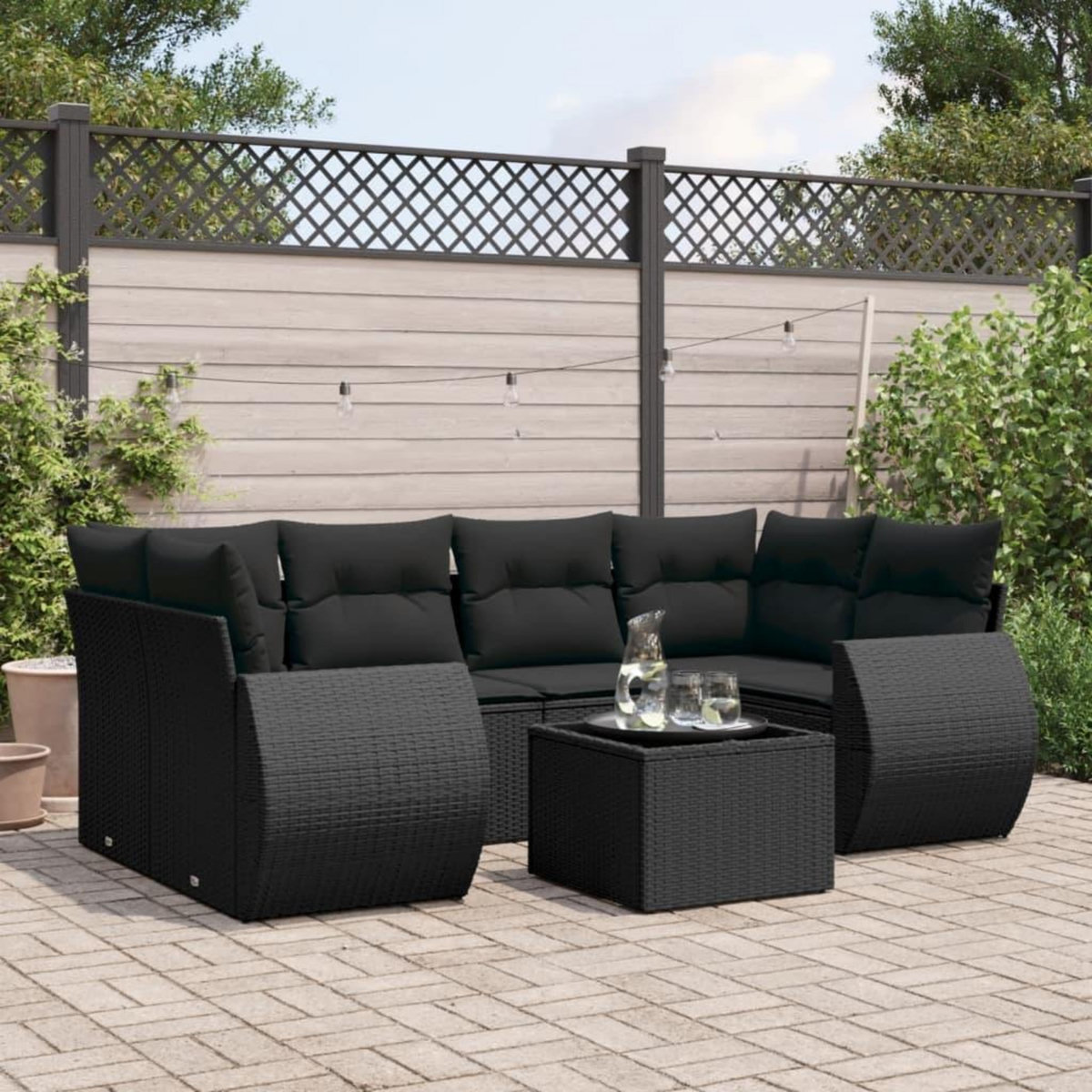 VIDAXL Salon de jardin 7 pcs avec coussins noir resine tressee