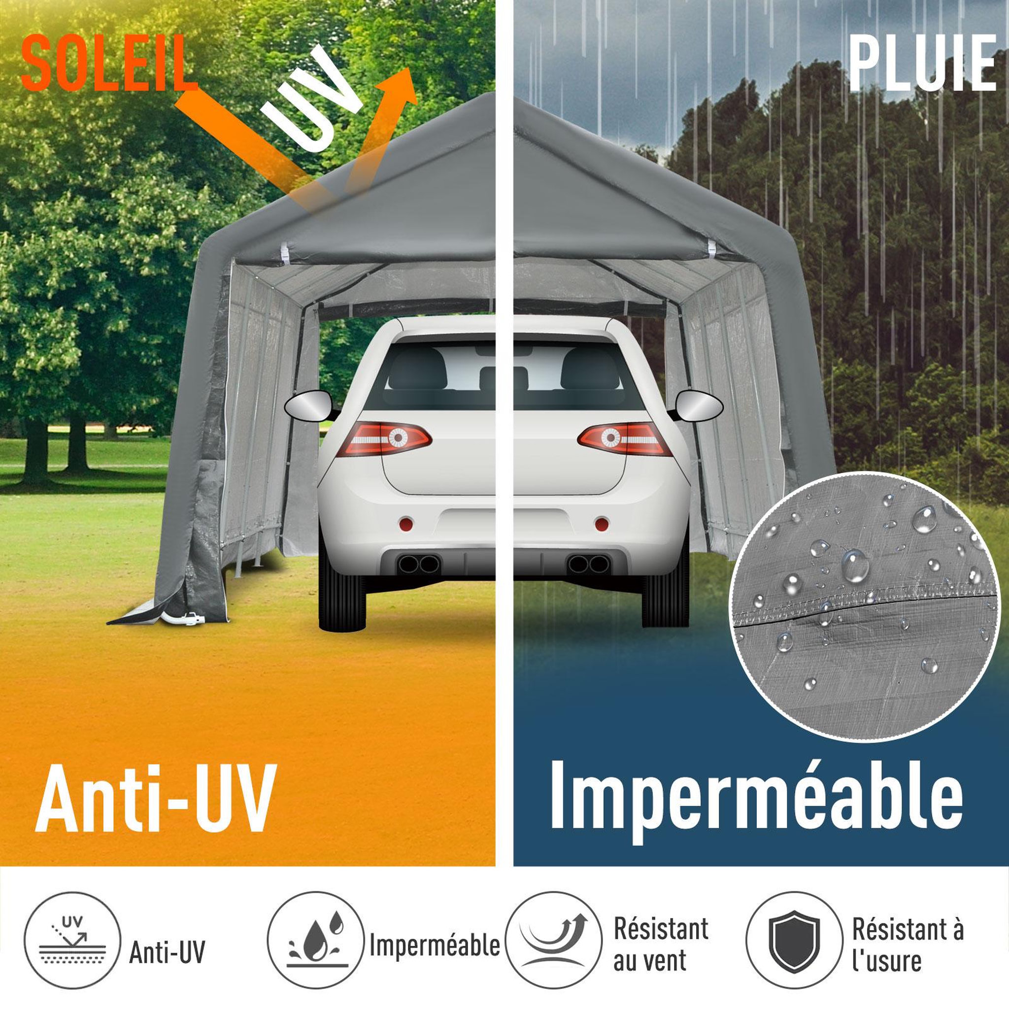 Voir la diapositive 4 : OUTSUNNY Tente garage carport dim. 6L x 3,6l x 2,75H m acier galvanisé robuste PE haute densité 195 g/m² imperméable anti-UV blanc gris