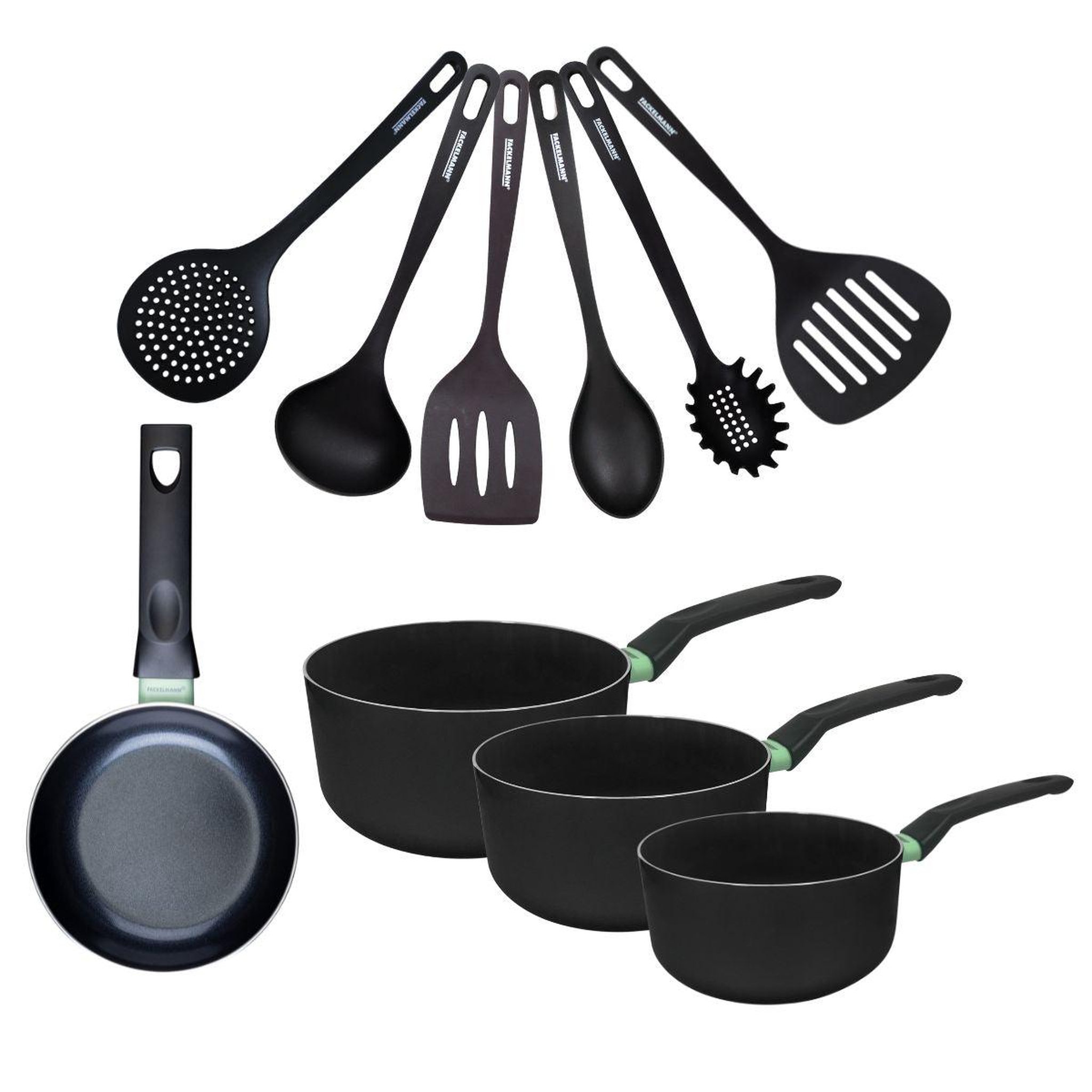 Fackelmann Set de 1 poêle 16 cm, 3 casseroles antiadhésives céramique 16, 18 et 20 cm et 6 ustensiles fackelmann brandao