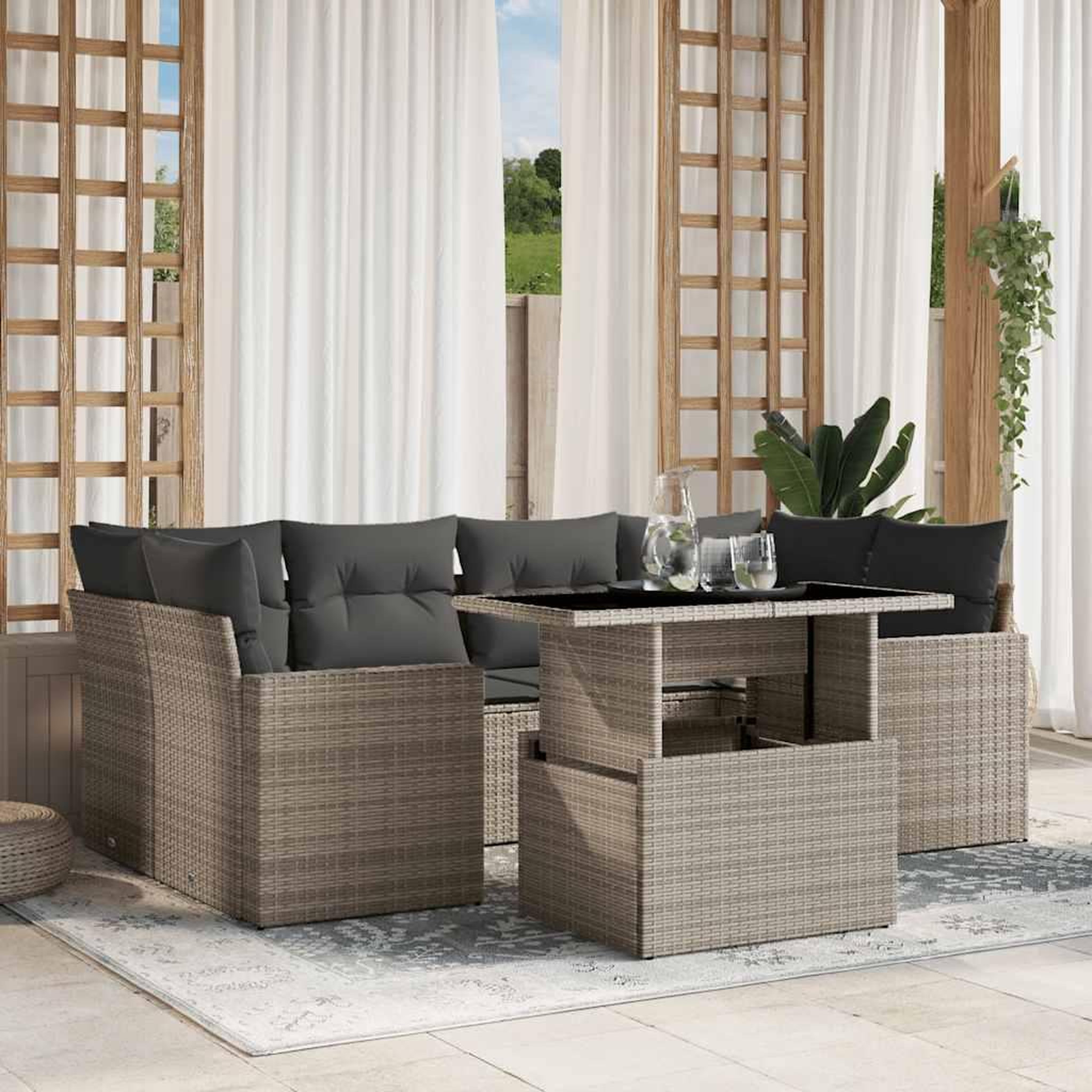VIDAXL Salon de jardin avec coussins 7 pcs gris clair resine tressee