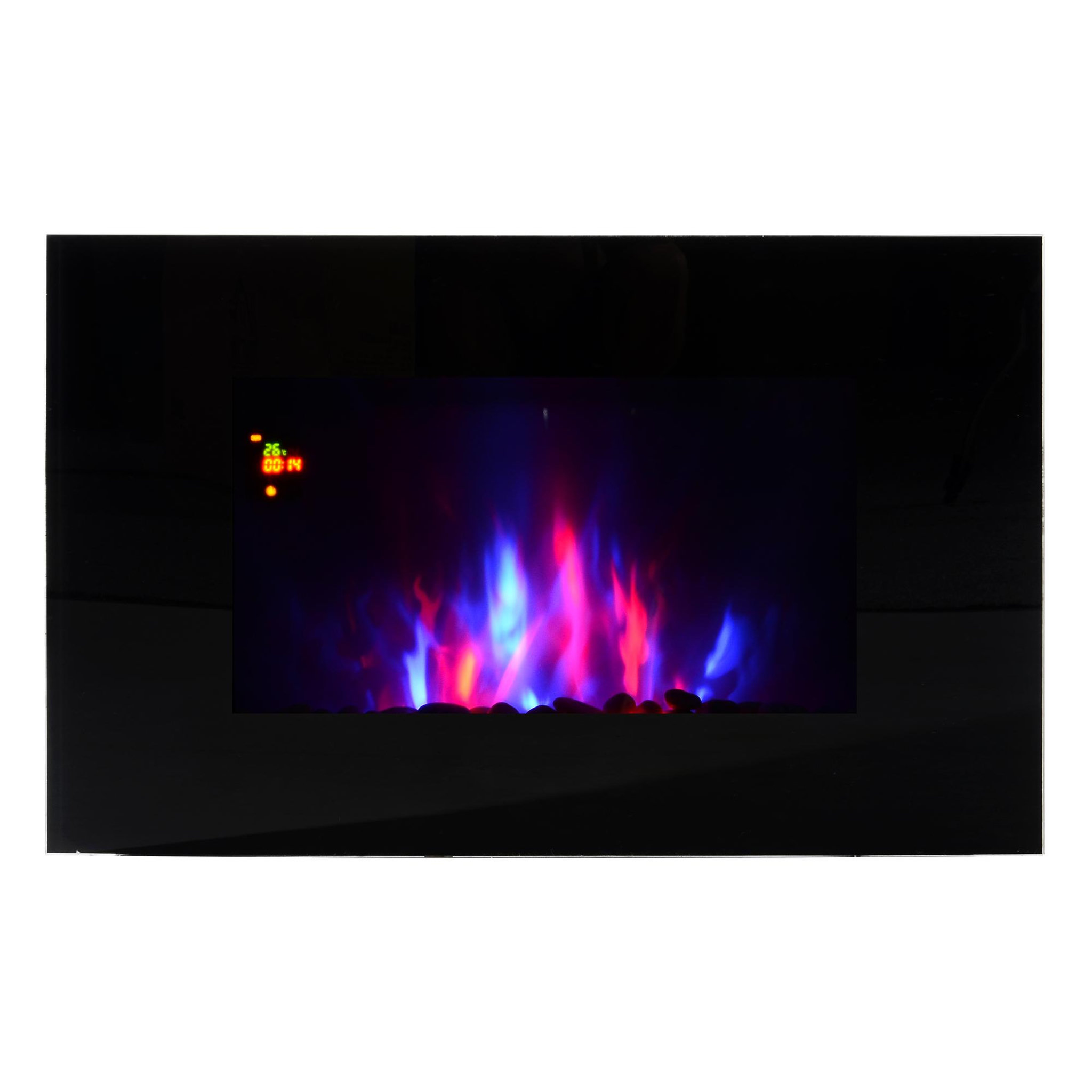 Voir la diapositive 4 : HOMCOM Cheminée électrique murale LED 7 effets flammes + 7 couleurs ambiance + galets télécommande thermostat 1000-2000 W minuterie noir