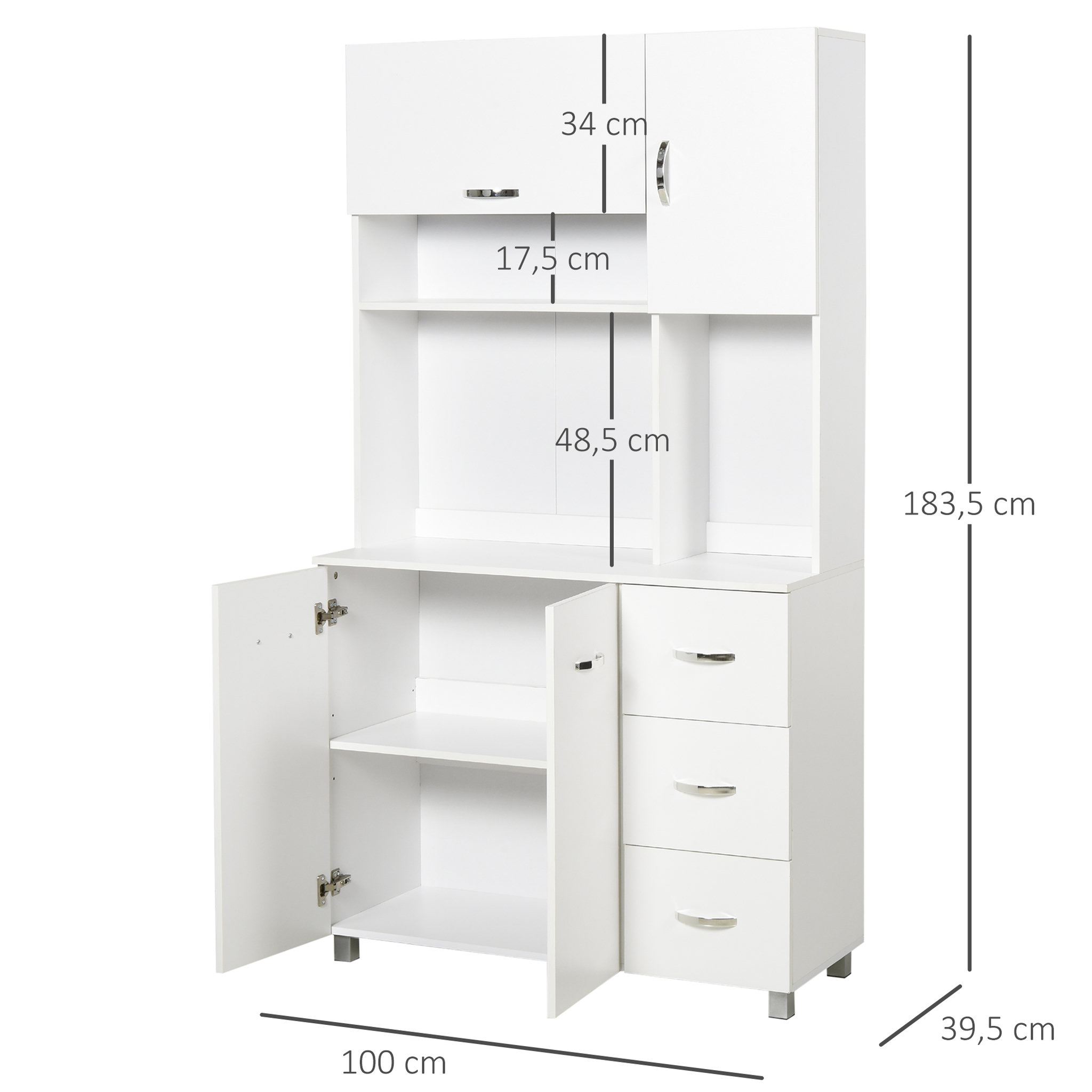 Voir la diapositive 3 : HOMCOM HOMCOM Armoire de cuisine multi-rangements 4 portes 3 tiroirs étagère + grand plateau 100L x 39l x 183H cm MDF blanc