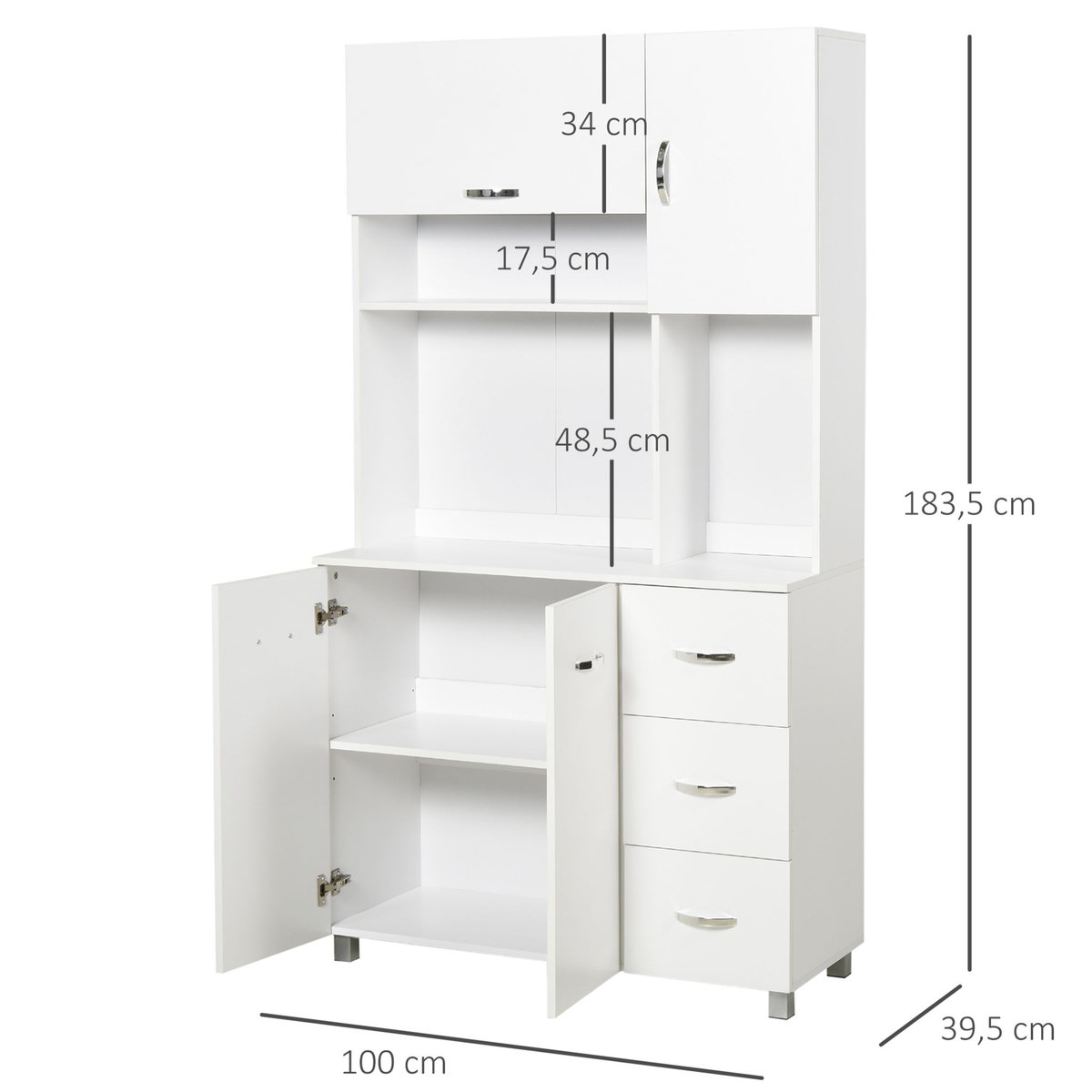 HOMCOM HOMCOM Armoire de cuisine multi-rangements 4 portes 3 tiroirs étagère + grand plateau 100L x 39l x 183H cm MDF blanc