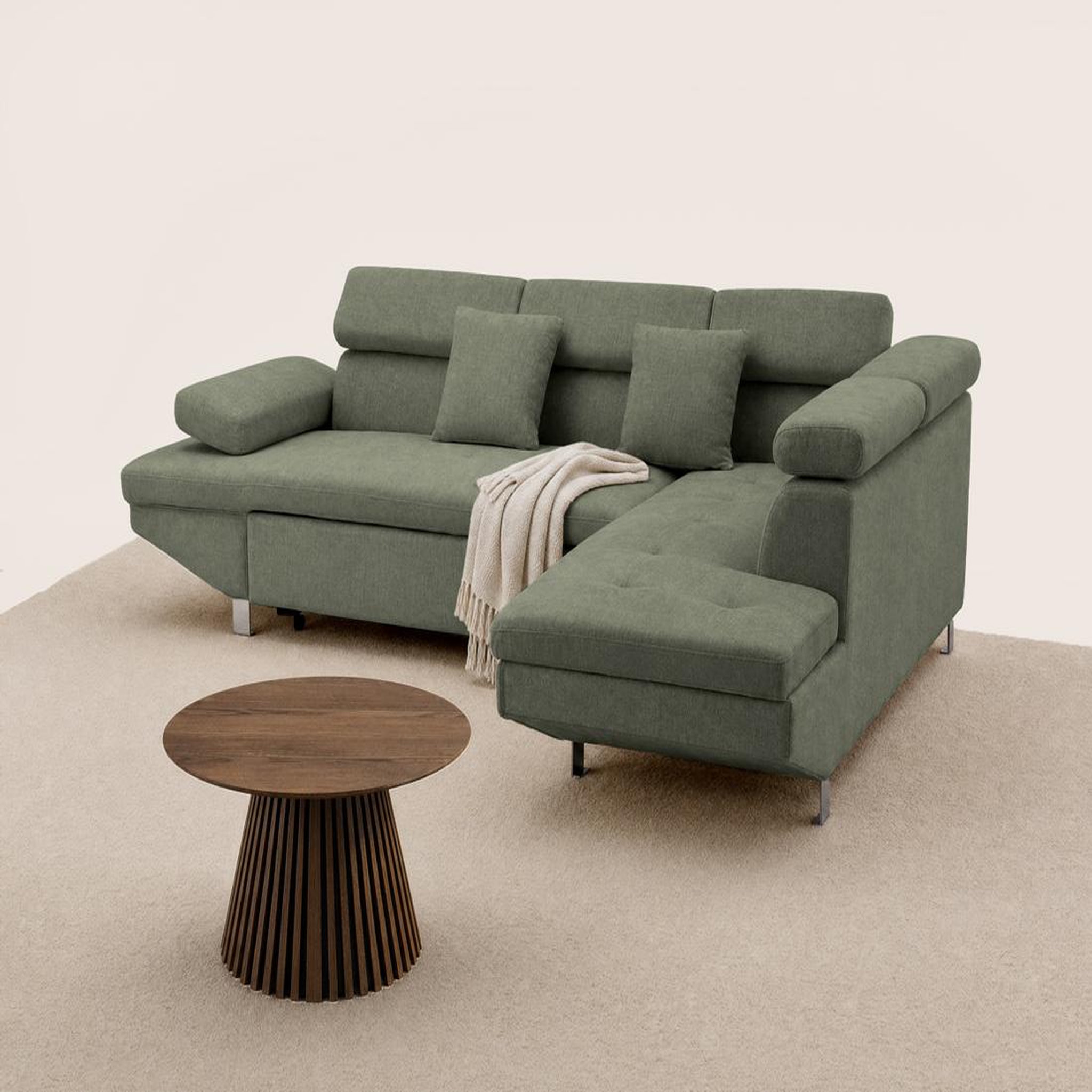 Voir la diapositive 2 : BEST MOBILIER Margaux - canapé d'angle droit 5 places convertible avec coffre et têtières réglables en velours texturé