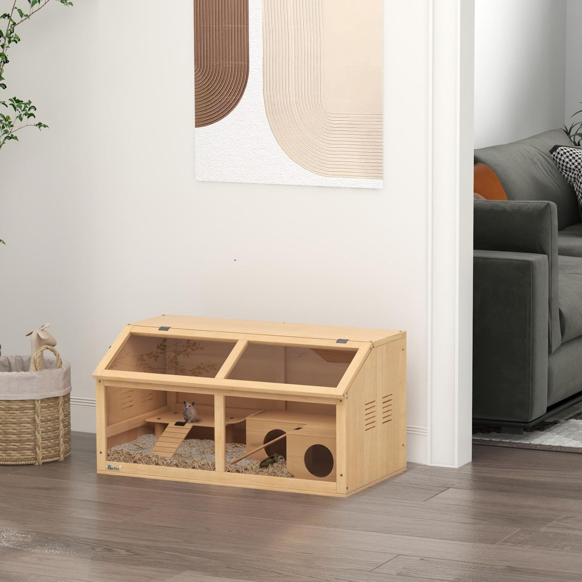 PAWHUT Cage hamster avec ventilation couvercle ouvrant et accessoires bois