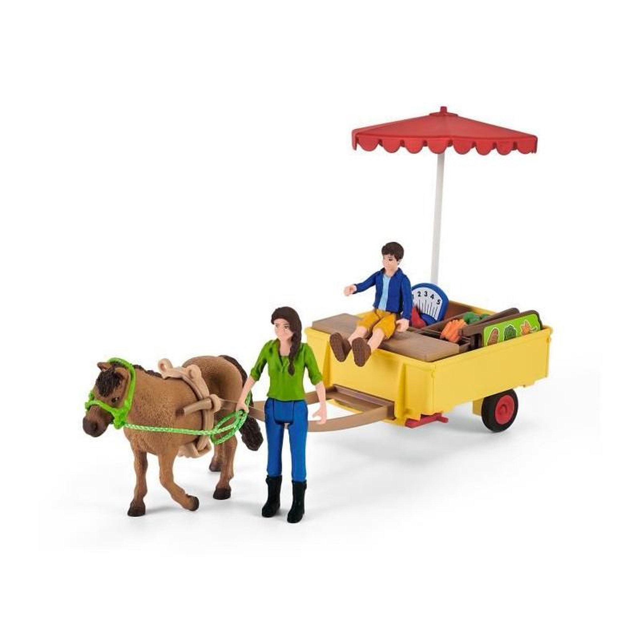 Voir la diapositive 5 : Schleich Étal mobile de la ferme, jeu de ferme avec figurines de fermiers, cheval et étal de marchandises, jouets animaux de la ferme p