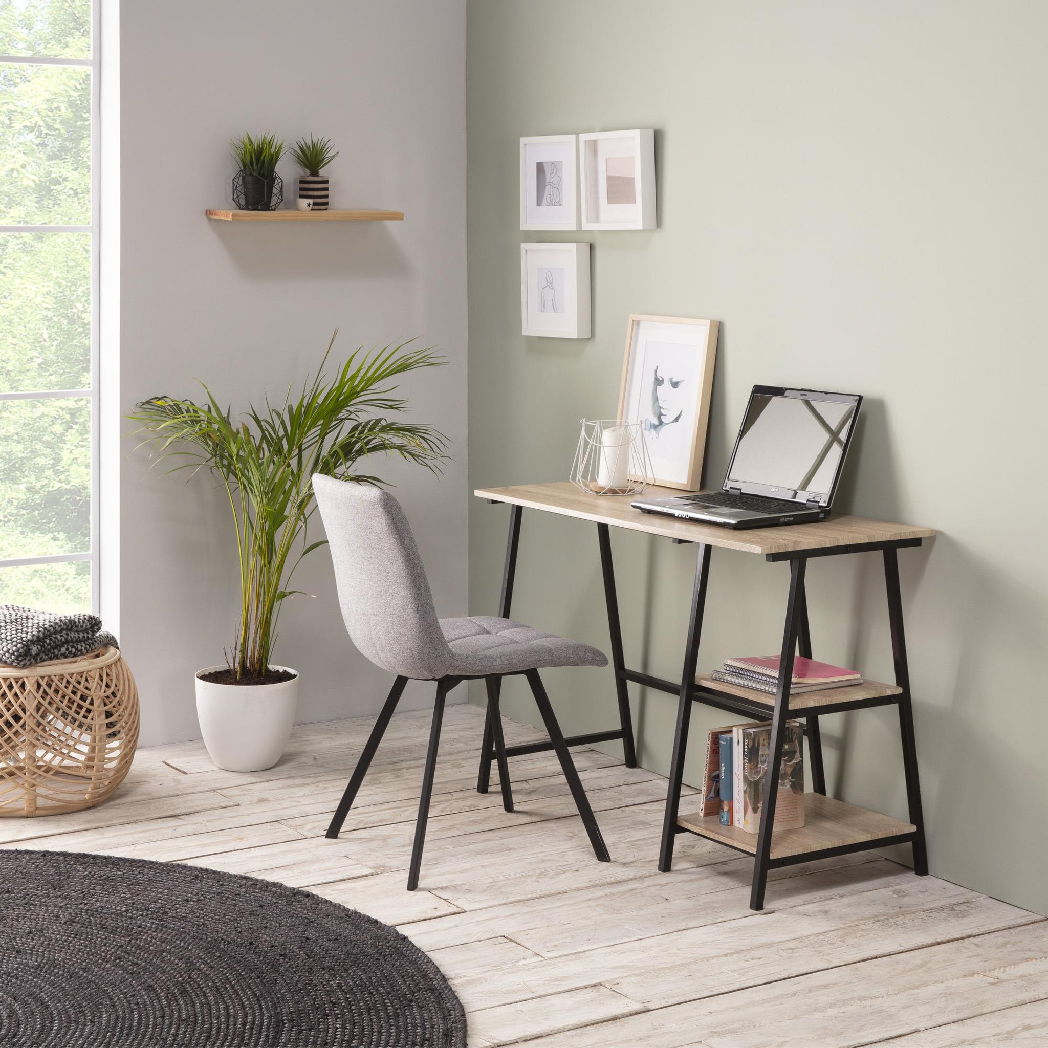 Voir la diapositive 5 : VS VENTA-STOCK Bureau Lisboa Noir, Table pour PC, Style Industriel, 105 cm Longueur