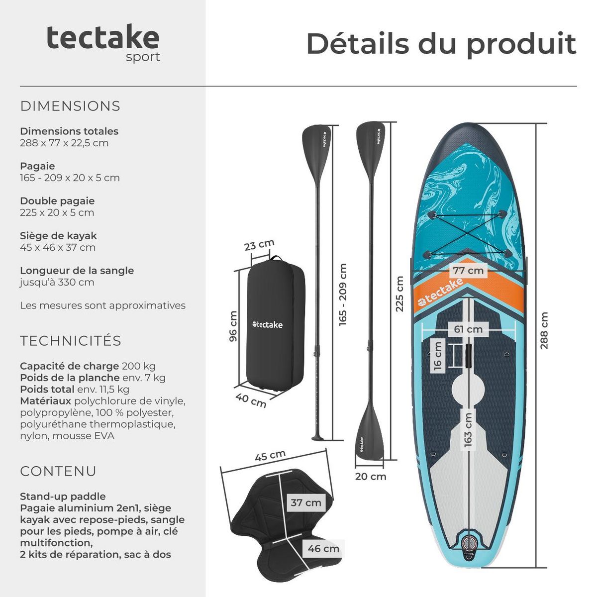 tectake Planche de stand-up paddle 2-en-1 en matériau Drop-Stitch turquoise/orange