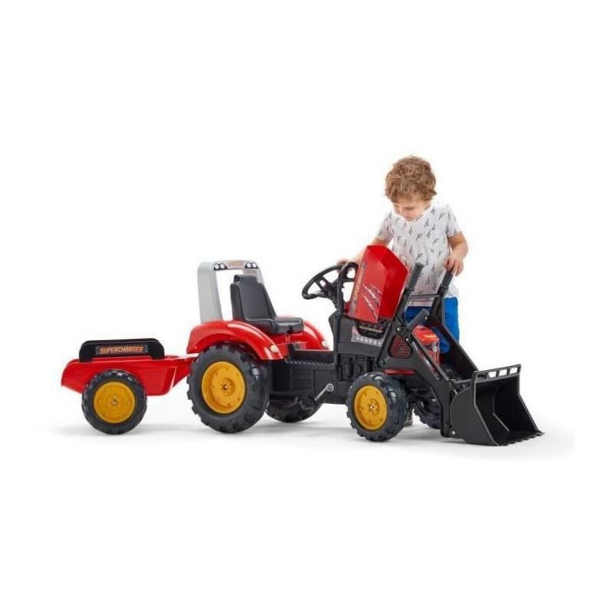 FALK FALK Tractopelle a pedales Supercharger rouge avec capot ouvrant et remorque