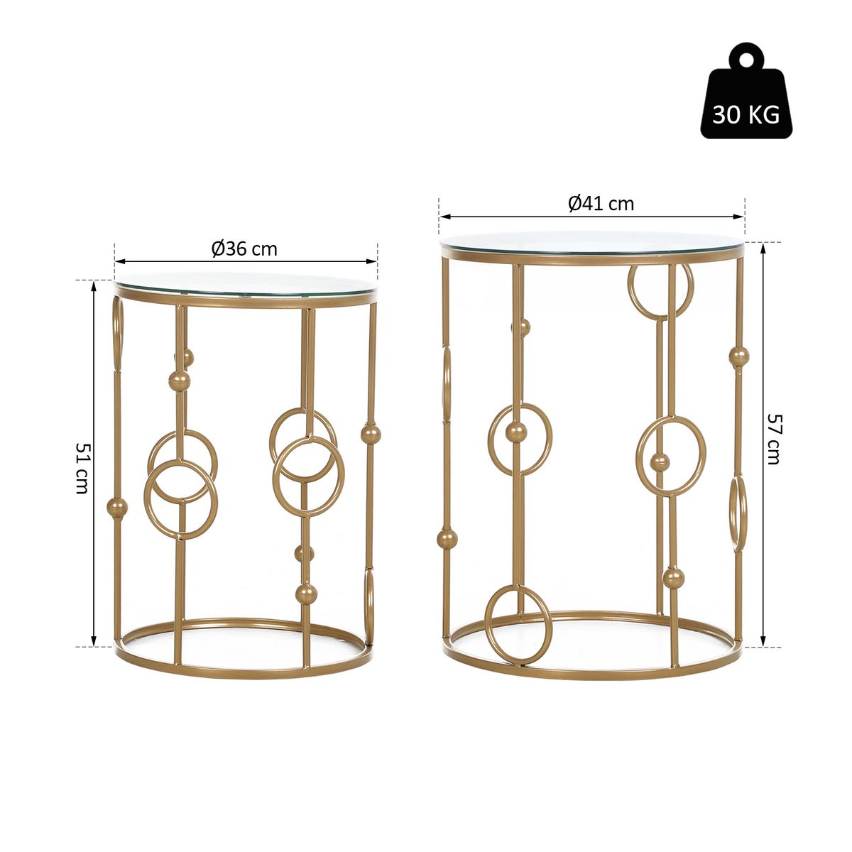 HOMCOM Tables gigognes lot de 2 tables basses rondes design style art déco Ø 41 et Ø 36 cm métal doré verre trempé 5 mm