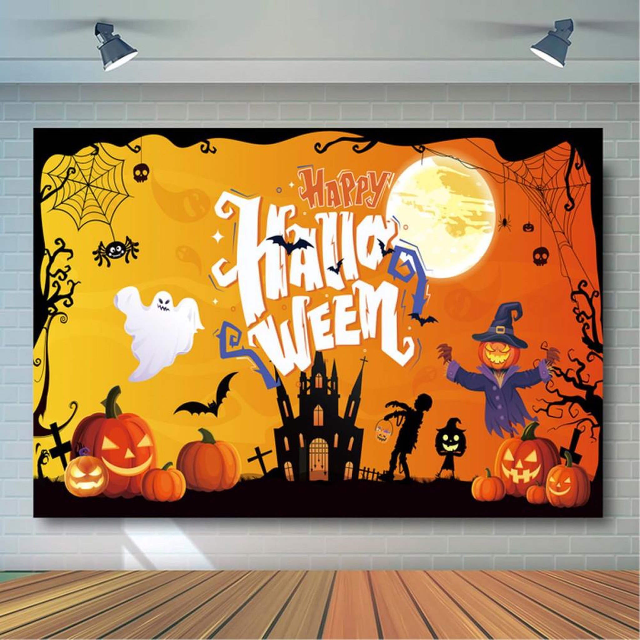 Décor de fond Halloween déco de fête bannière 180 x 110 cm « Happy Halloween »