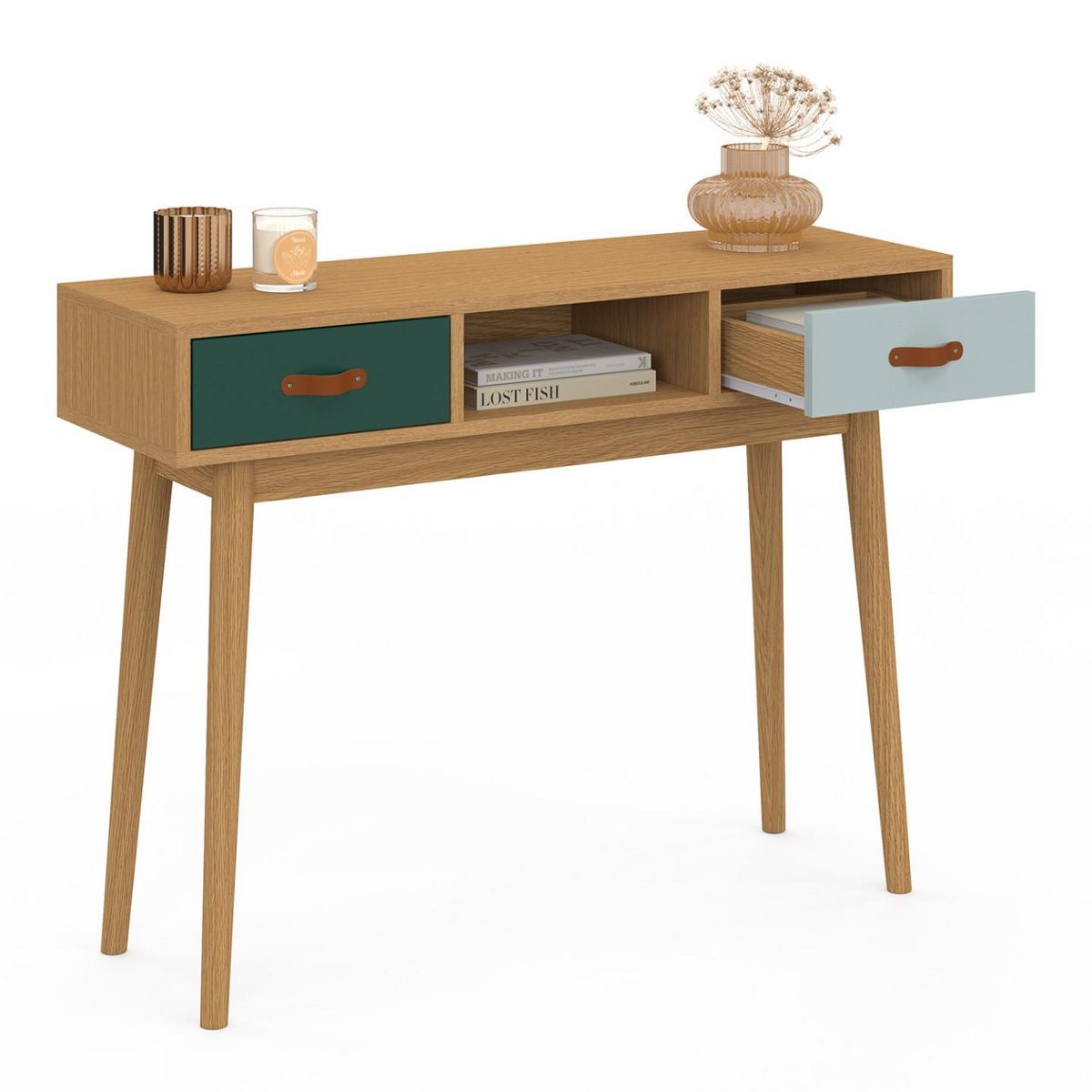 ID MARKET Console 2 tiroirs scandinave ALIZE bois et vert