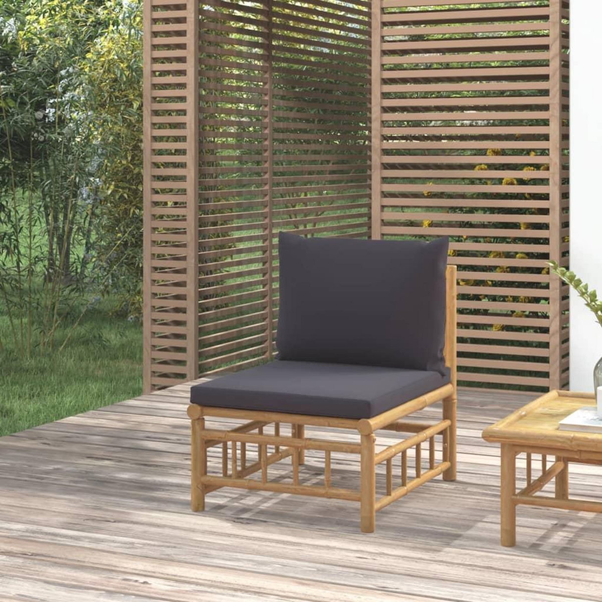 VIDAXL Canape central de jardin avec coussins gris fonce bambou