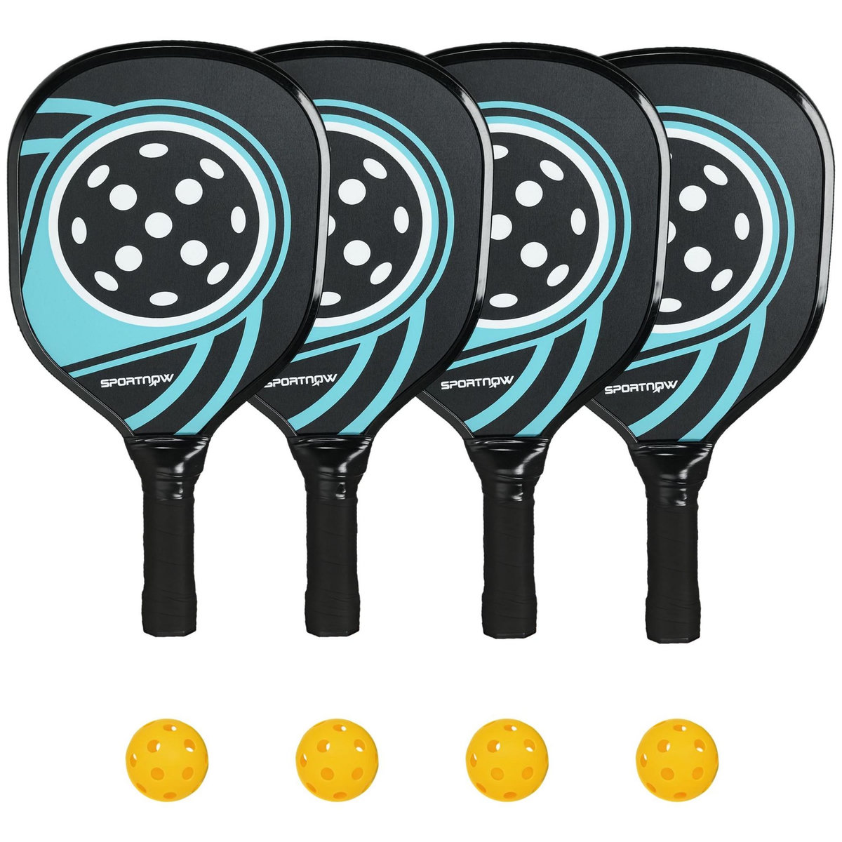 HOMCOM Lot de 4 raquettes de pickleball 4 balles jaune et sac de transport bleu noir