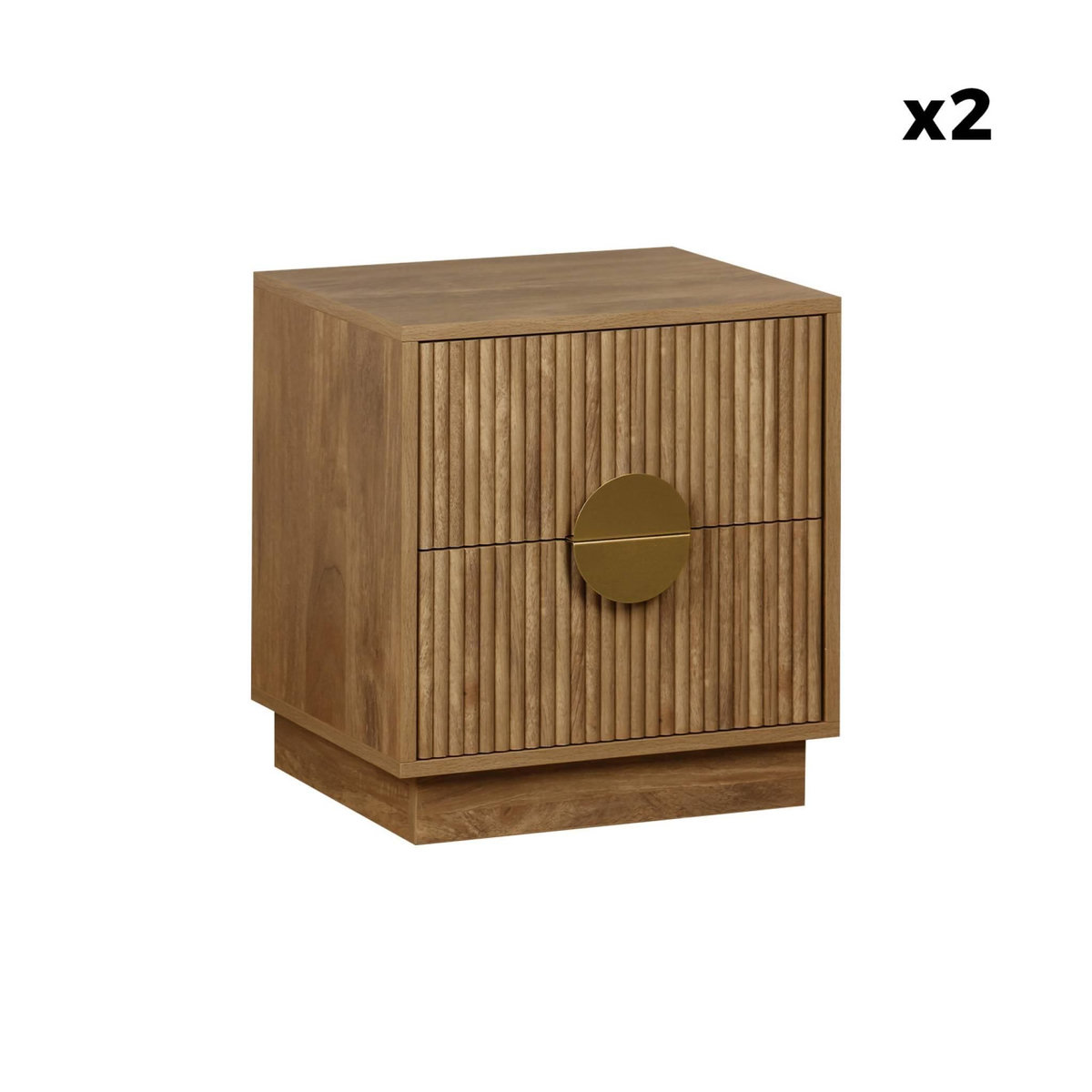 SWEEEK Lot de 2 tables de chevet 2 tiroirs décor bois de manguier rainuré. poignées en métal doré. L42 x P38 x H50cm