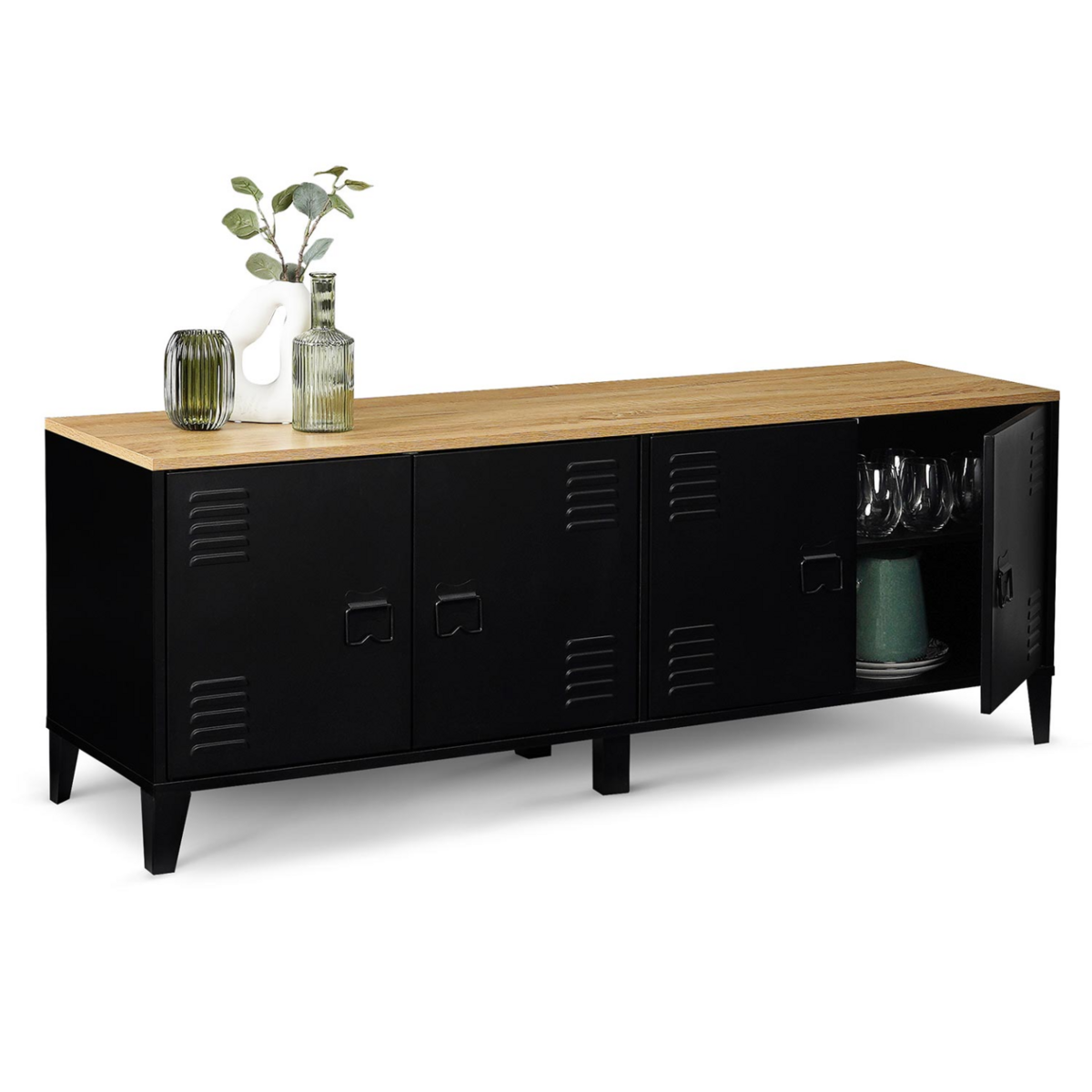 ID MARKET Buffet bas 140 cm ESTER 4 portes métal noir et plateau bois design industriel
