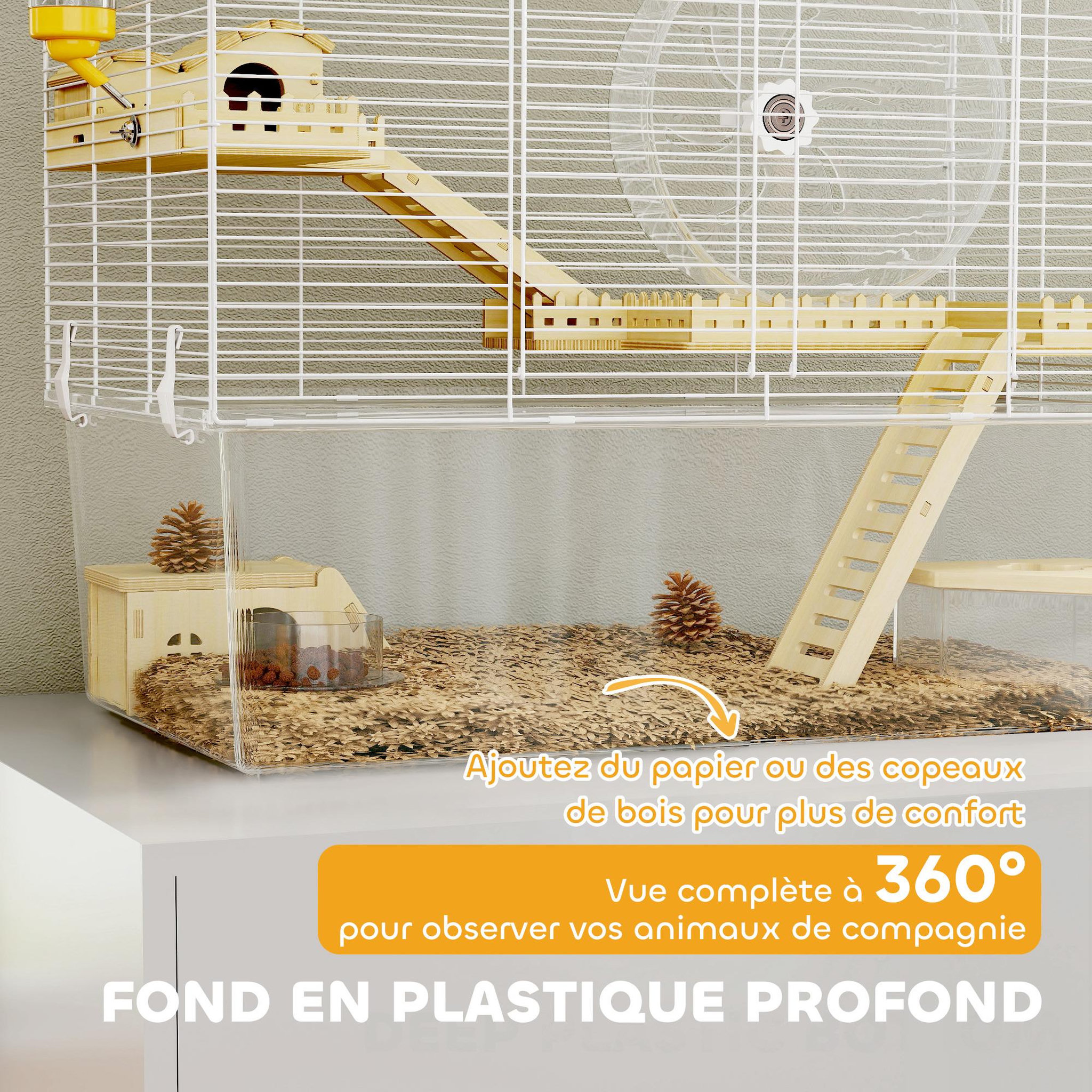 Voir la diapositive 5 : PAWHUT Cage à hamster à 3 niveaux avec roue d'exercice, plateau, 59 x 35,5 x 47 cm, blanc