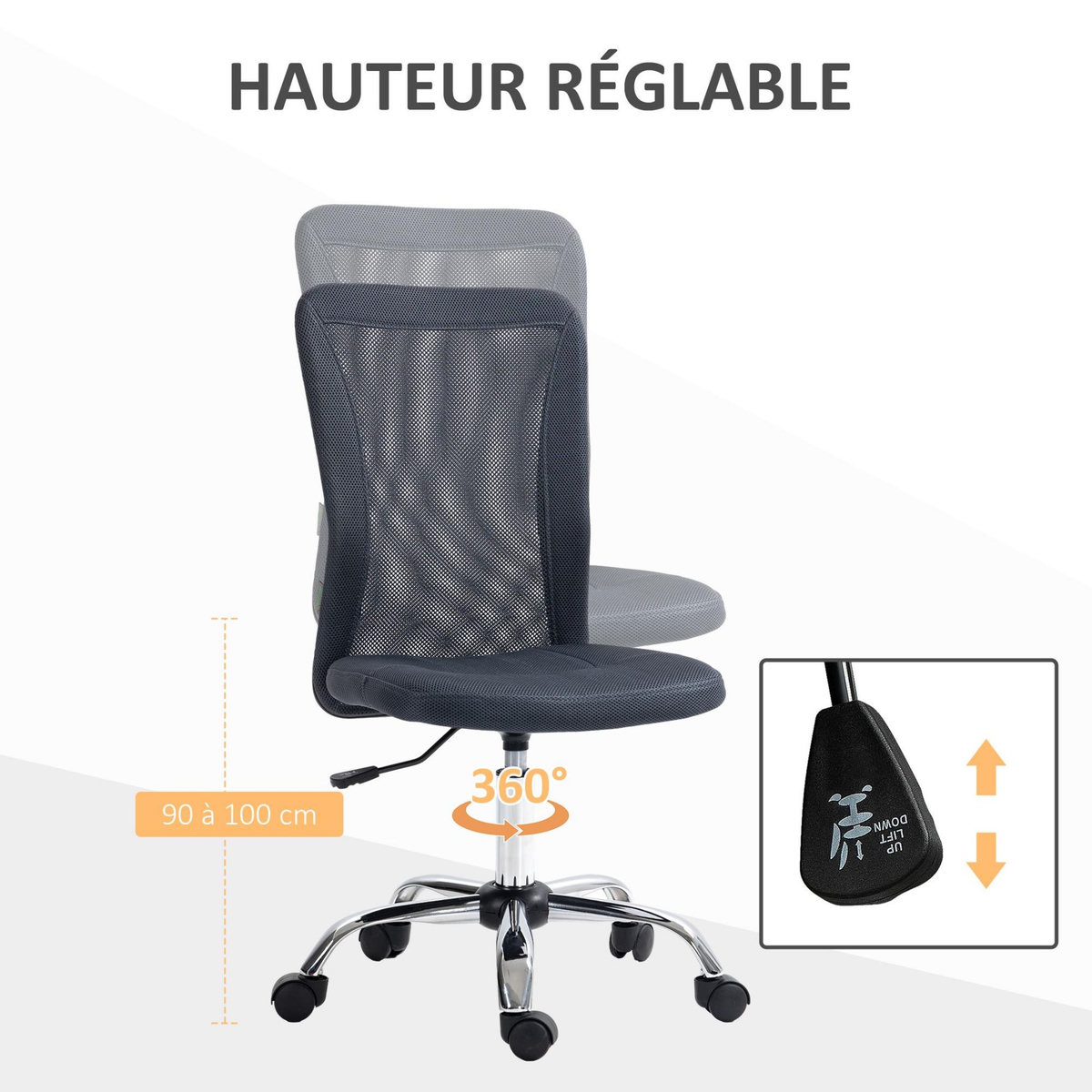 VINSETTO Vinsetto Chaise de bureau ergonomique hauteur réglable piètement chromé pivotant 360° revêtement gris foncé