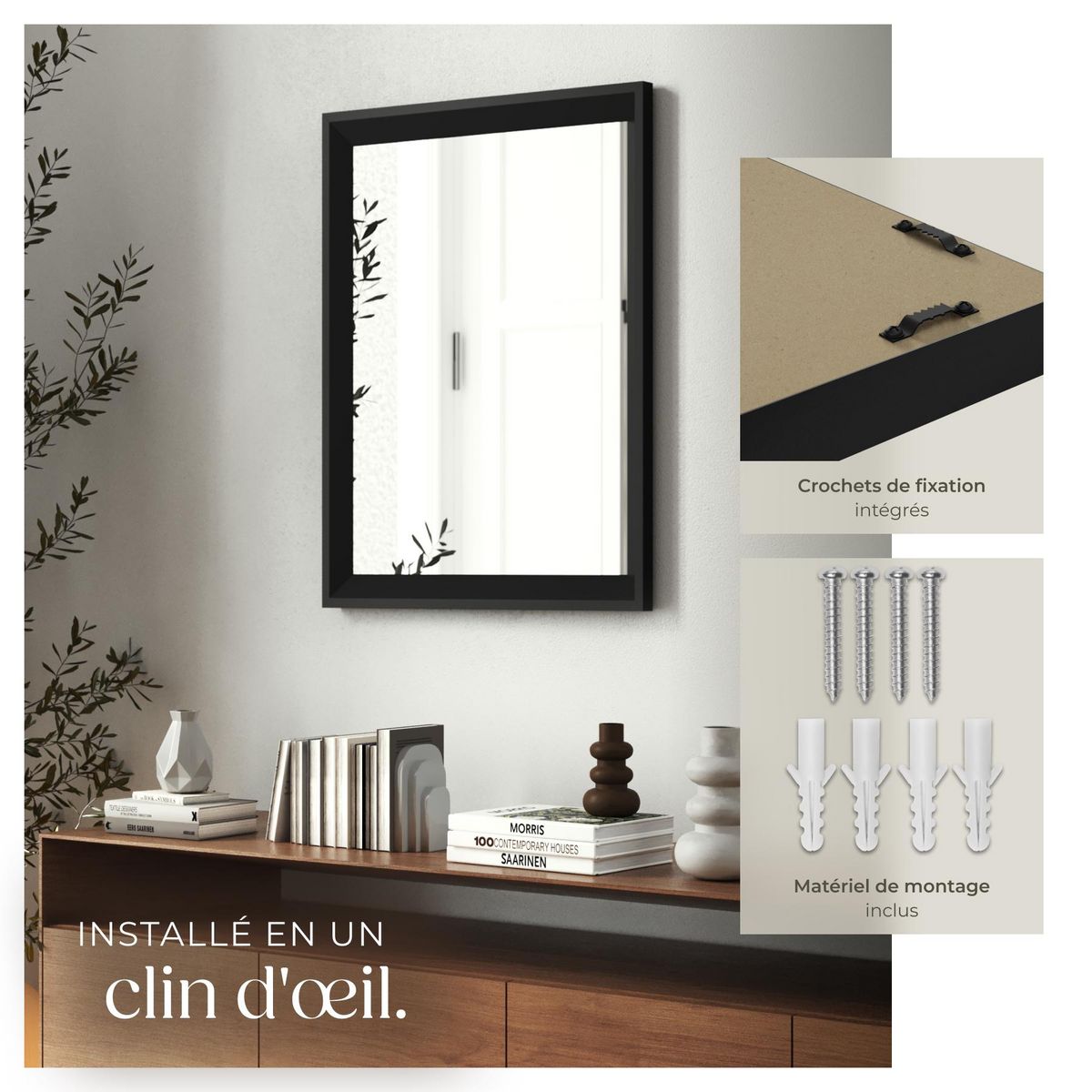 tectake Miroir mural rectangulaire 40 x 3,8 x 60 cm noir