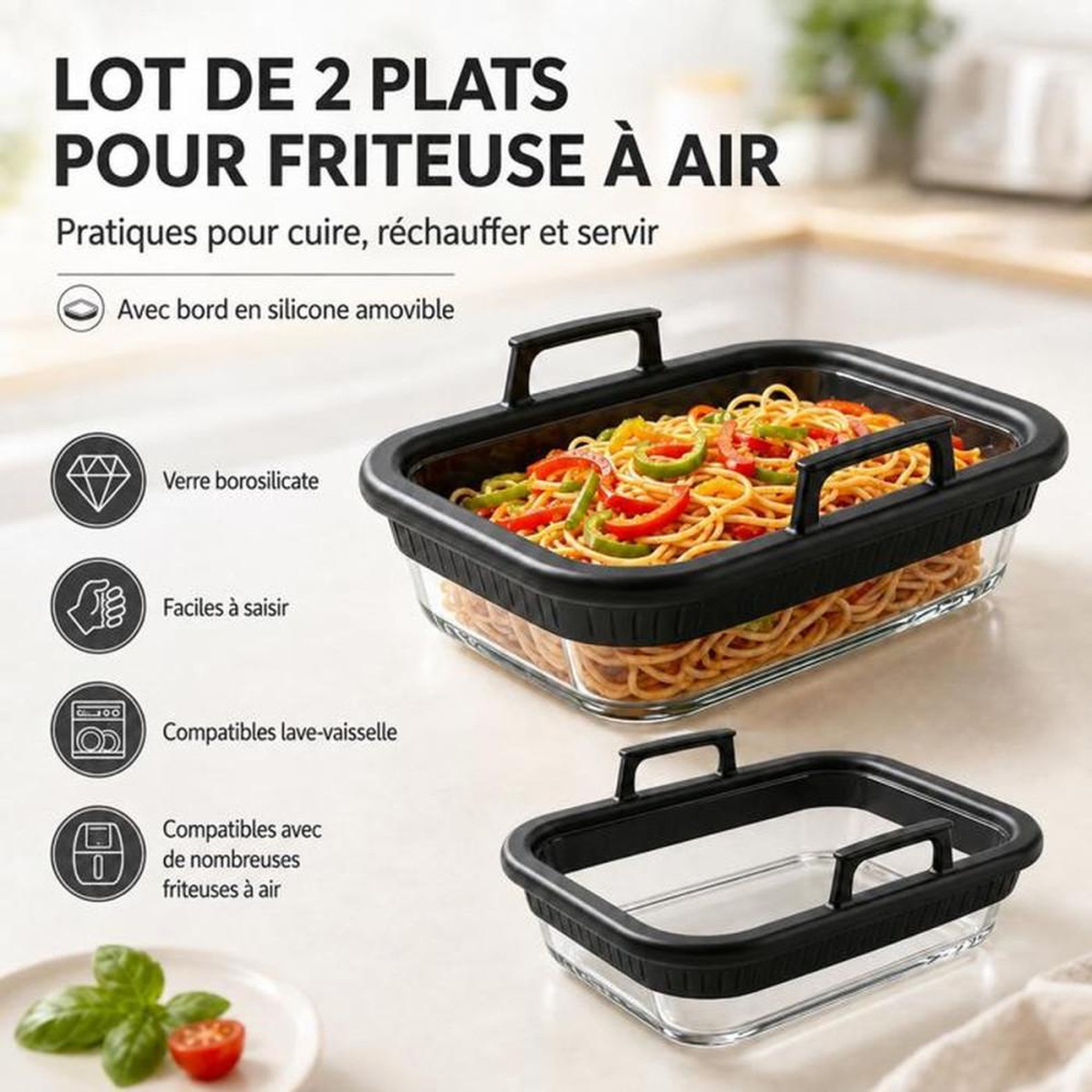 Voir la diapositive 3 : Lot de 2 plats de cuisson en verre résistant à la chaleur pour friteuse à air double zone, poignées en silicone amovibles, coloris transparent et noir